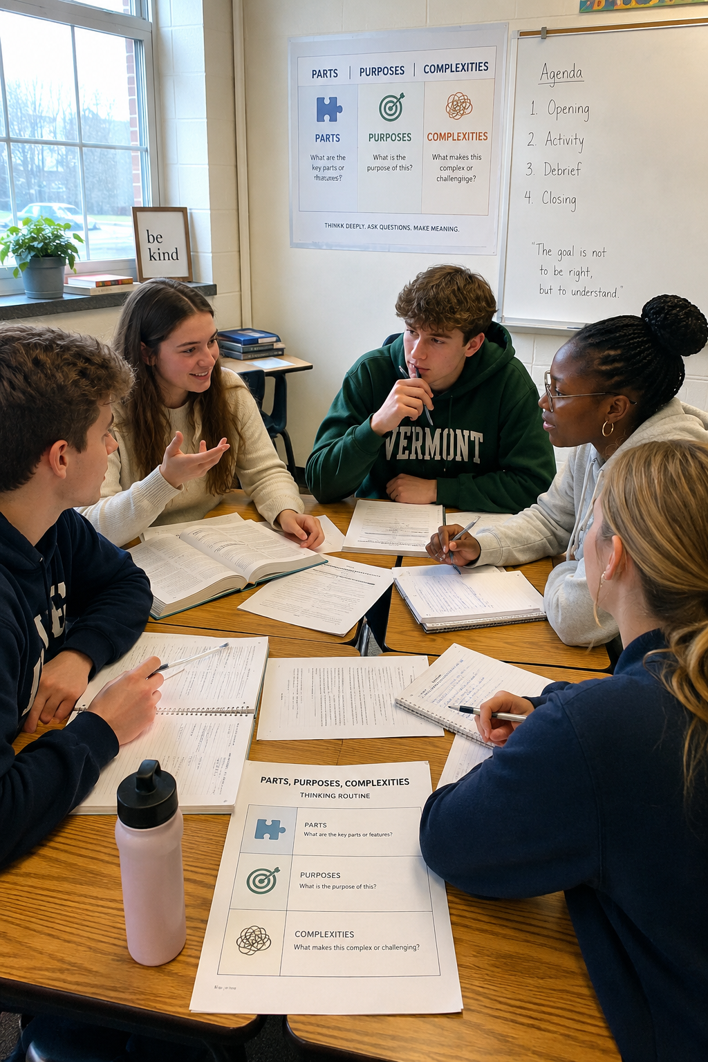 A group of students completing a thinking routine in a classroom