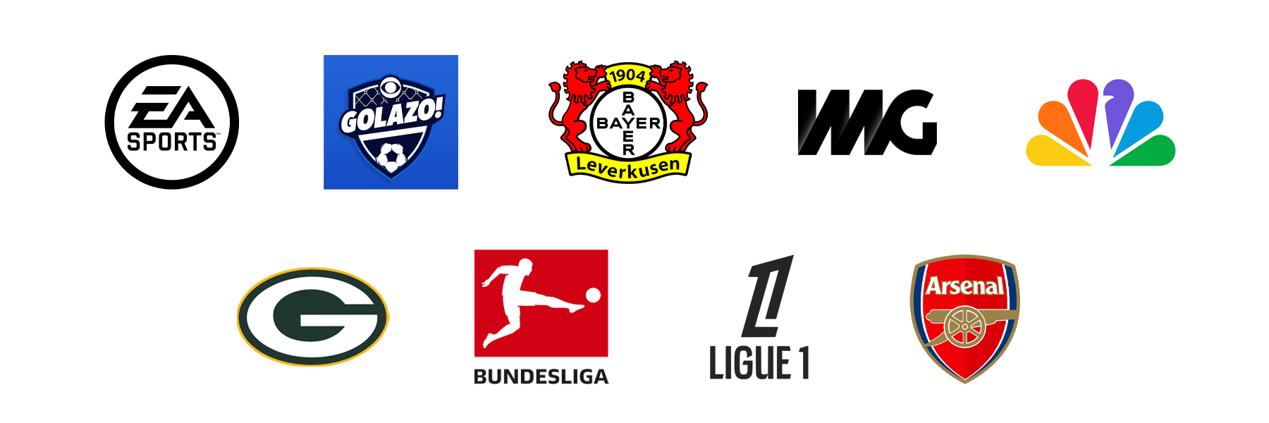 Logos of sports teams and television network NBC, including Golazo, Bayer Leverkusen, Green Bay Packers, Arsenal, and a face-off icon.