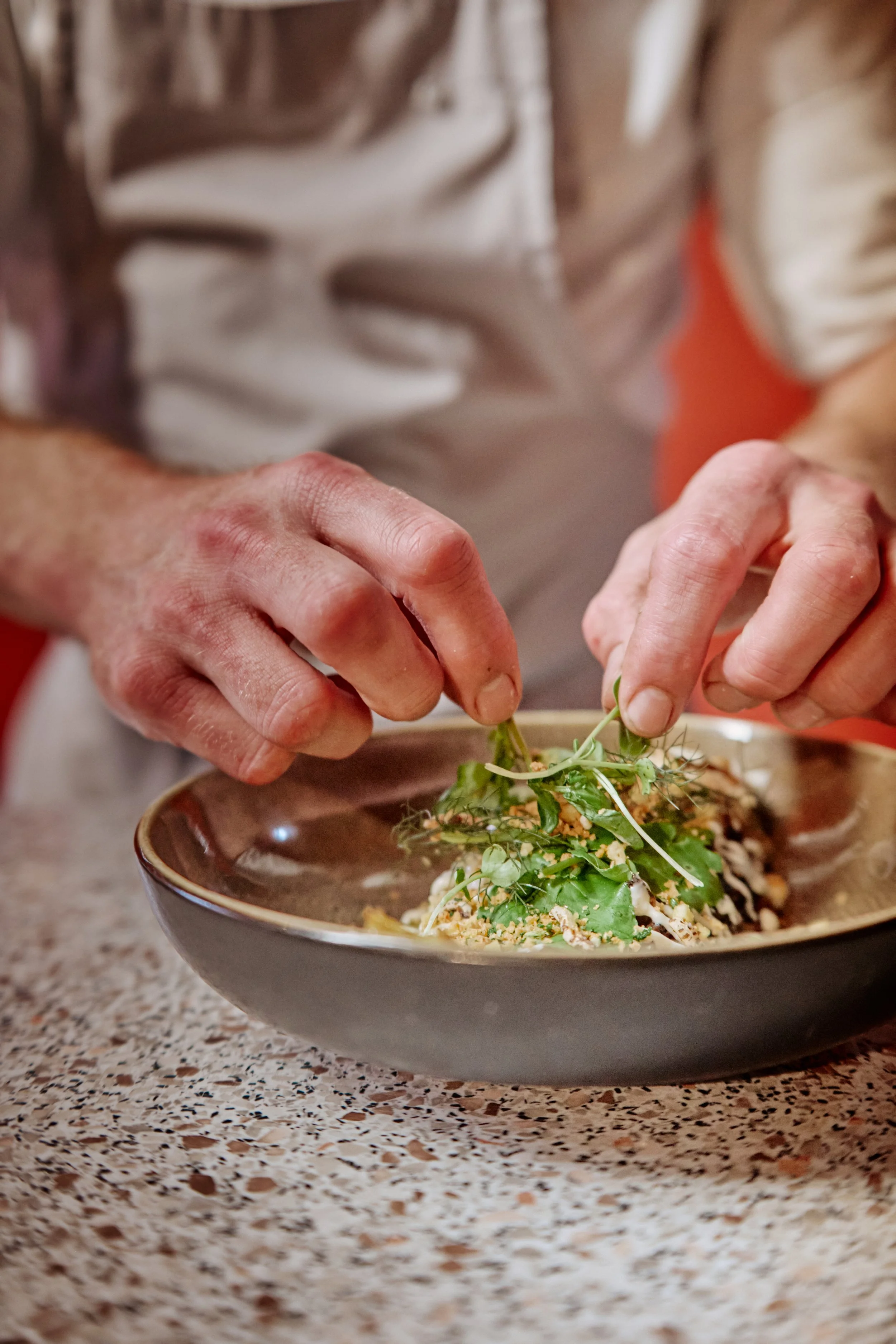 Hands placing fresh greens on a plated dish with various ingredients, on a speckled countertop.