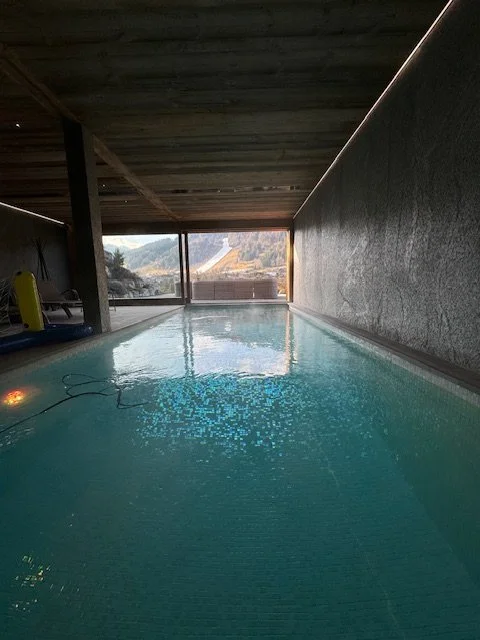 Indoor swimming pool with glass window showing mountain scenery outside.