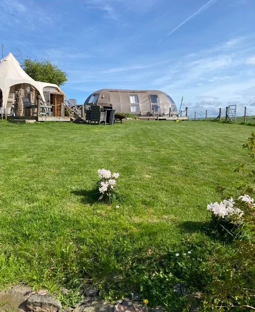 A grassy backyard with outdoor furniture, a small tent on the left, and a modern silver camper trailer in the background under a clear blue sky.