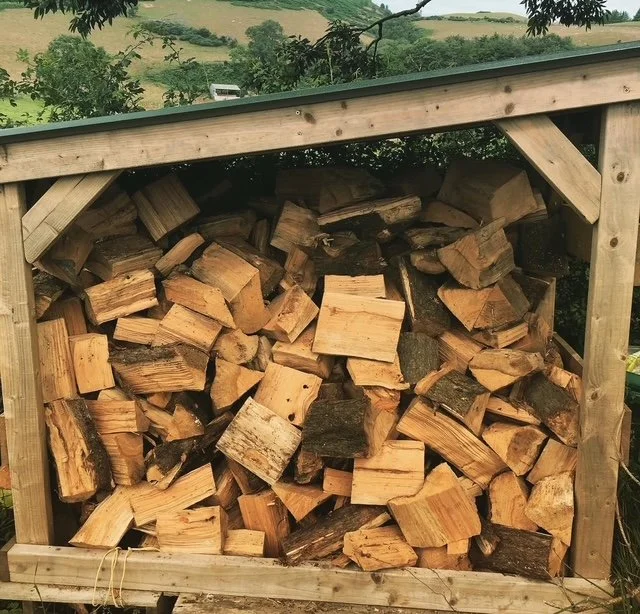 Stacked firewood stored in a wooden structure surrounded by trees and greenery.