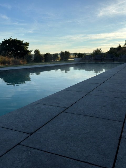 A swimming pool with calm water, surrounded by a stone deck and trees in the background under a partly cloudy sky.