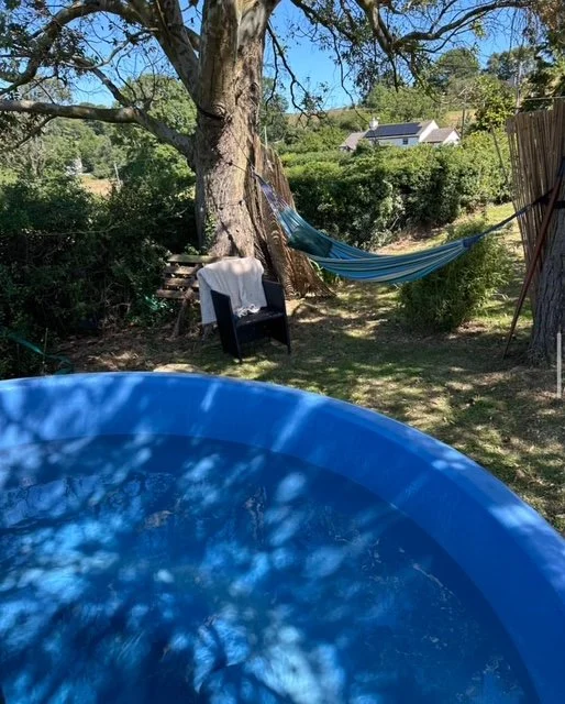 Backyard scene showing a tree with a hammock tied to it, a blue inflatable pool in the foreground, a chair with a towel draped over it, and a sunny sky with distant houses and greenery.