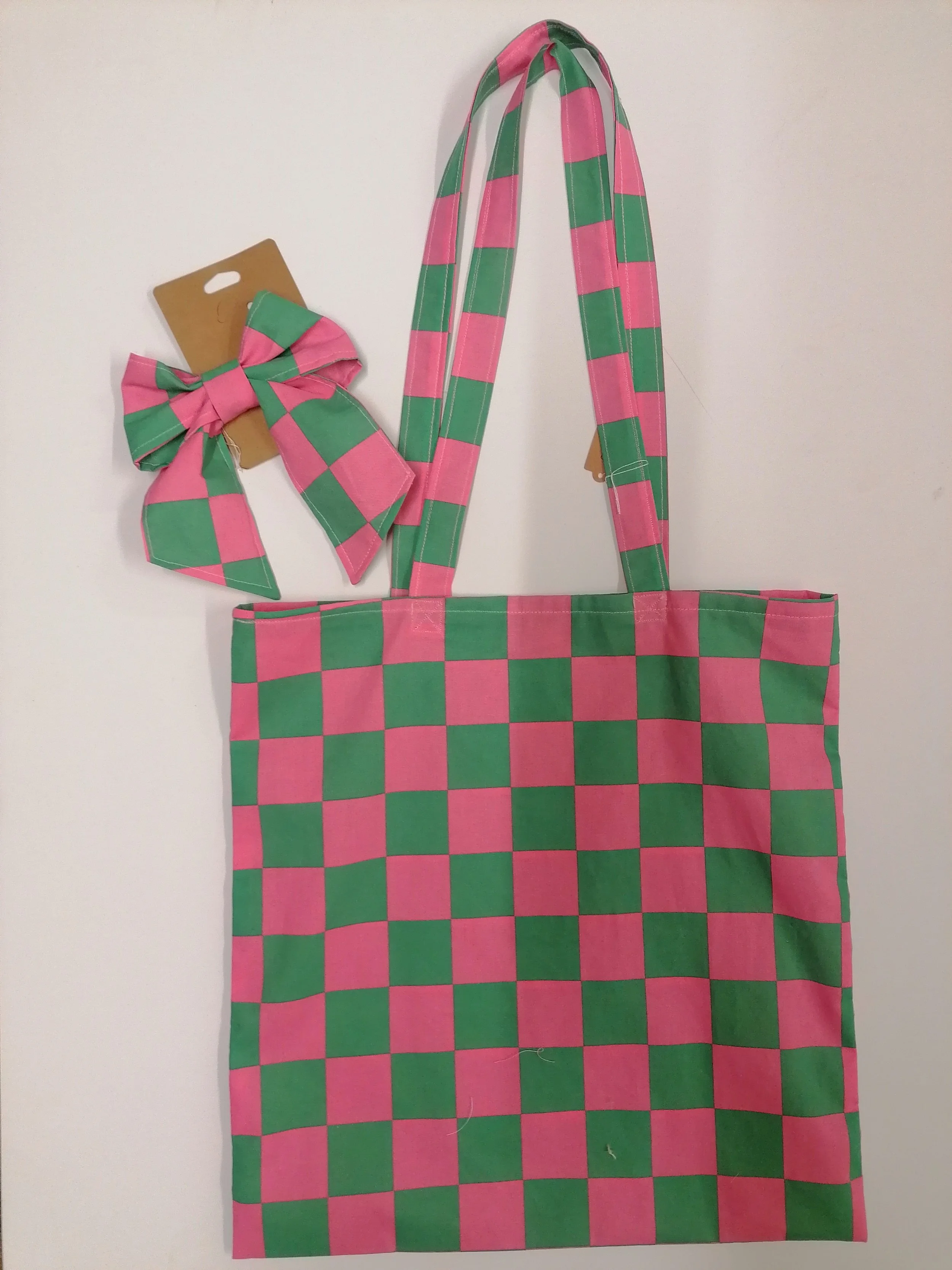 Pink and Green Checkerboard print Bow and Tote Bag