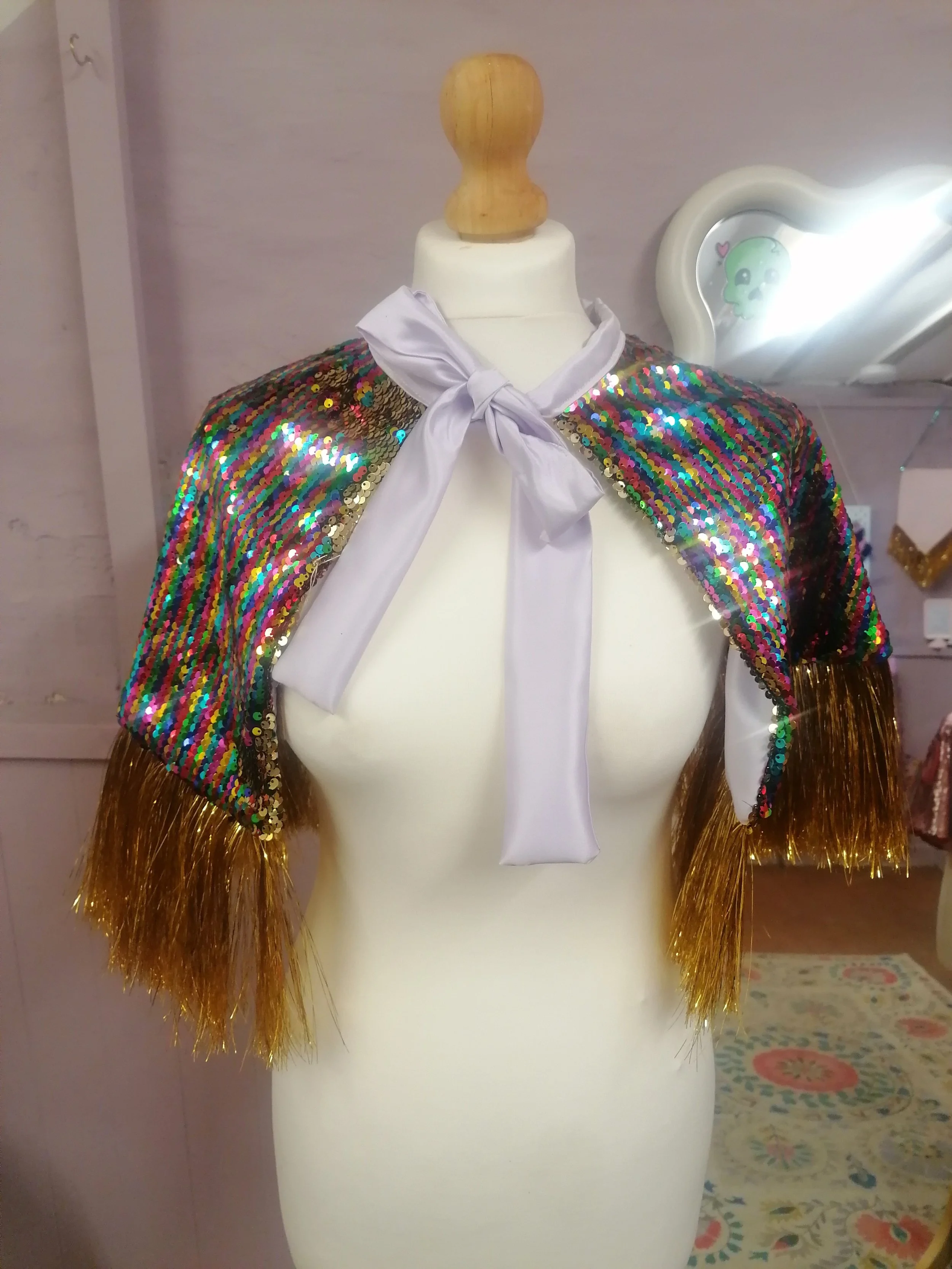 Rainbow Sequin Cape with Gold Trim
