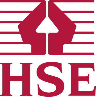 A logo with a stylized outline of two hands forming a heart shape above the bold letters 'HSE' in maroon color on a black background.