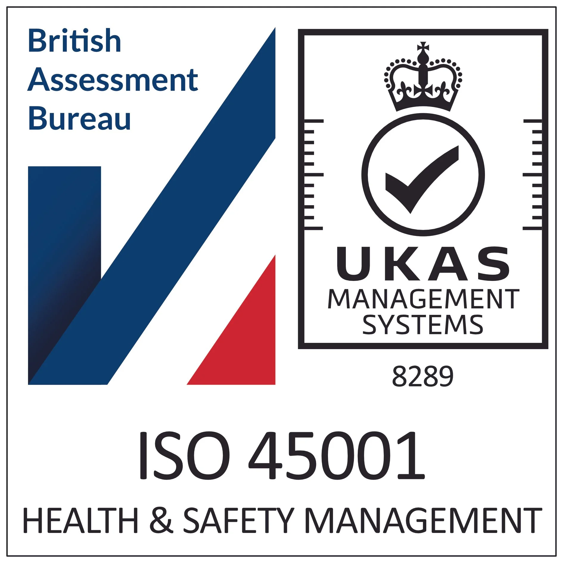 Certification label for ISO 45001 Health & Safety Management, awarded by the UKAS Management Systems, with the UKAS logo featuring a crown and a checkmark inside a circle.