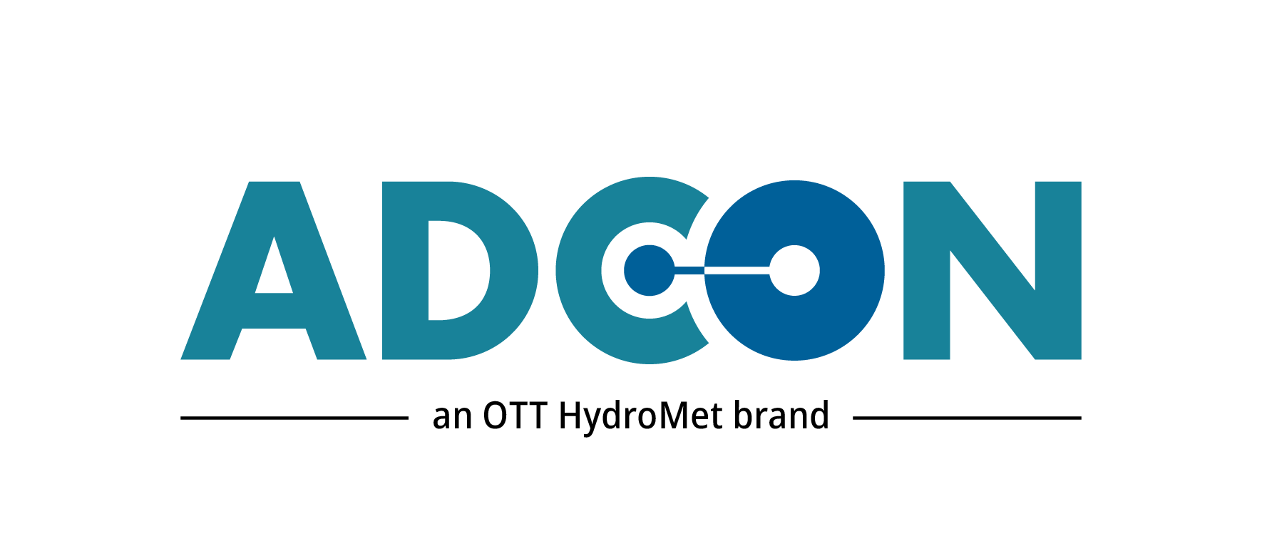 Logo with the text 'ADCON' where the 'O' resembles a stylized satellite disk or radar with connecting lines.