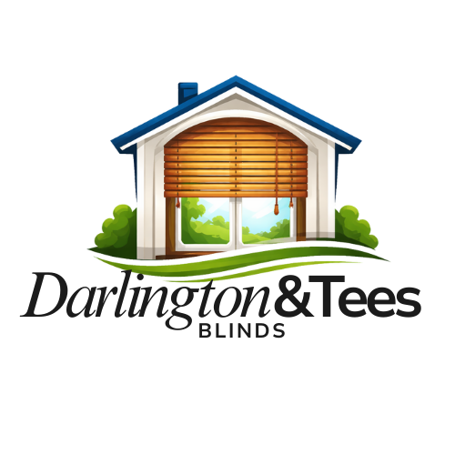 Logo featuring a house with wooden blinds covering a window, greenery in the background, and the text "Darlington & Tees Blinds" below.