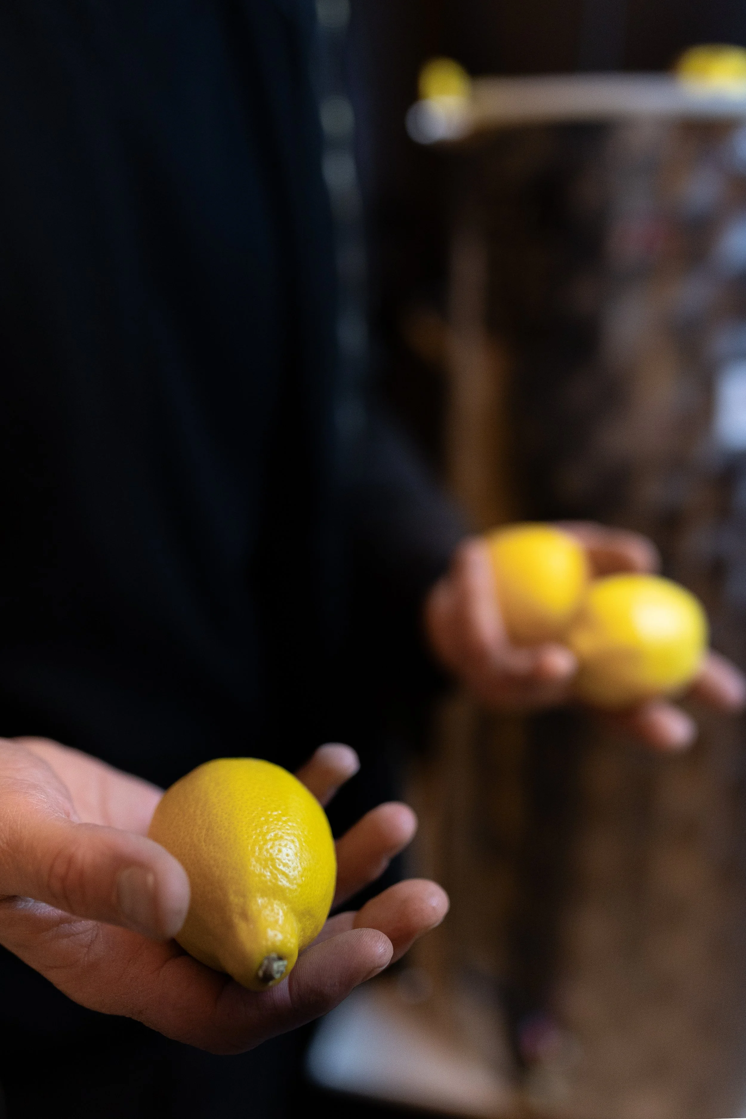 Person holding a yellow lemon in one hand, with three more lemons in the other hand.