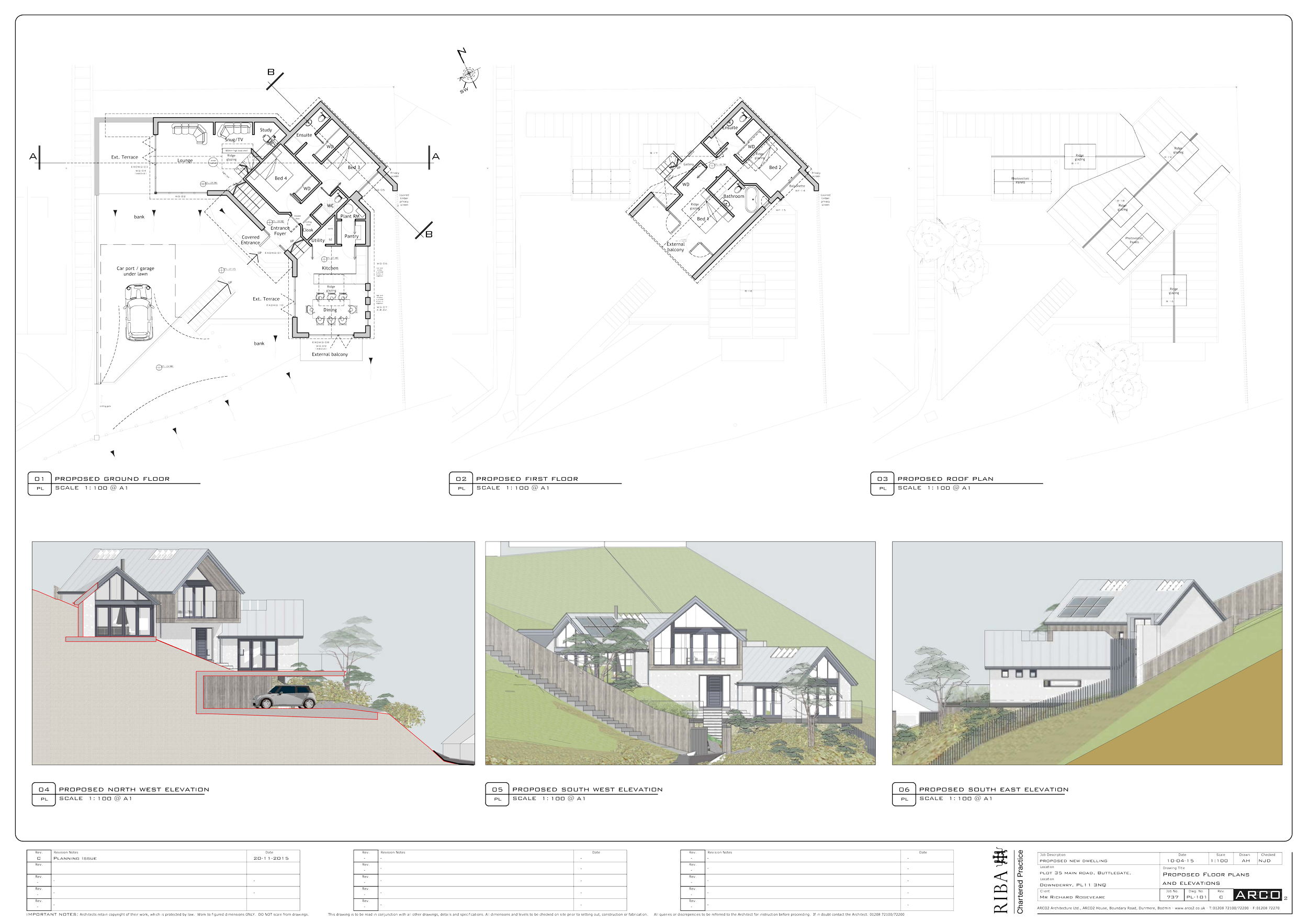 Architectural blueprint and renderings of a modern house, showing floor plans, roof plans, and elevations from various angles.