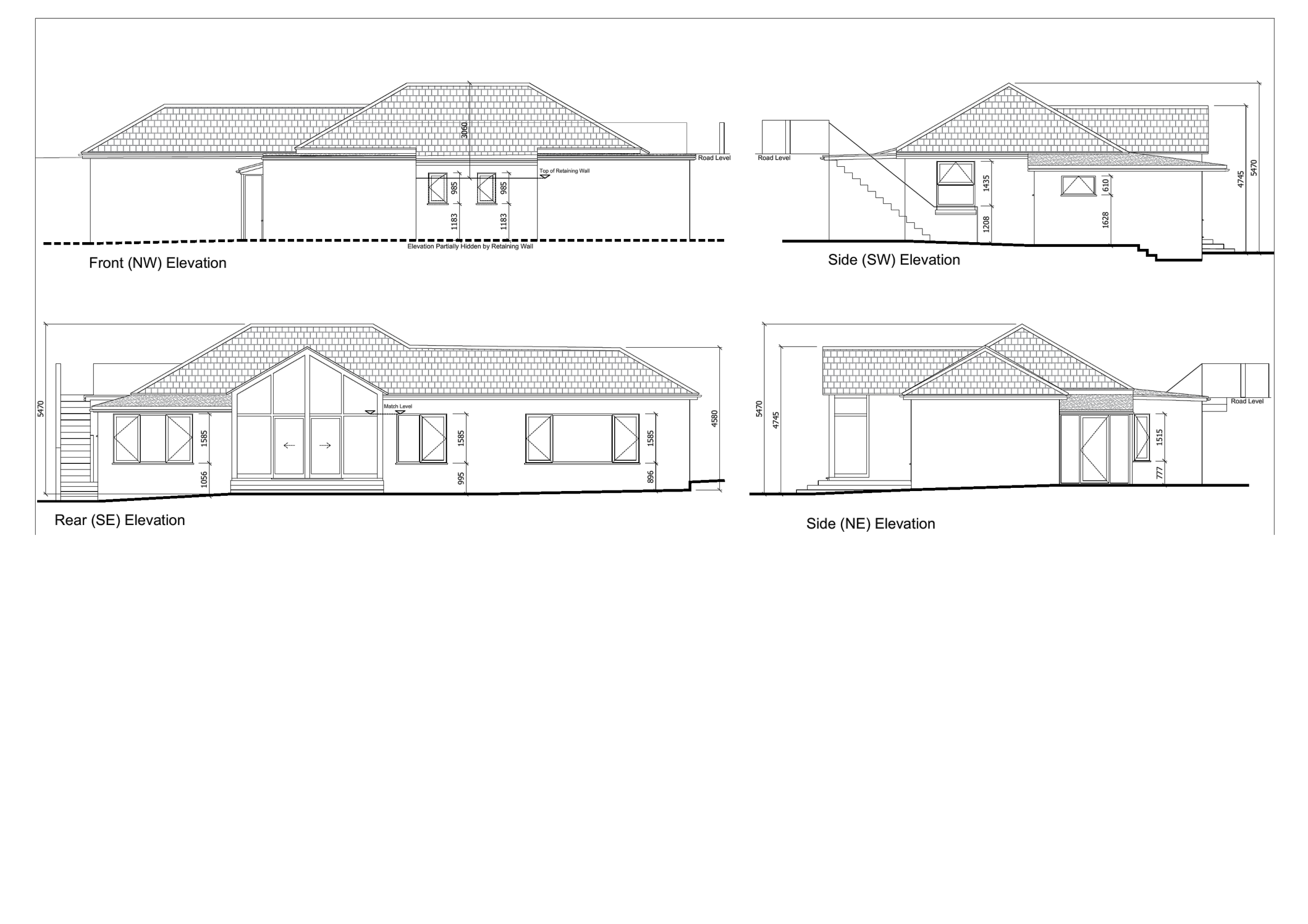 Architectural blueprint of a house roof showing front, rear, and side elevations with measurements and construction details.