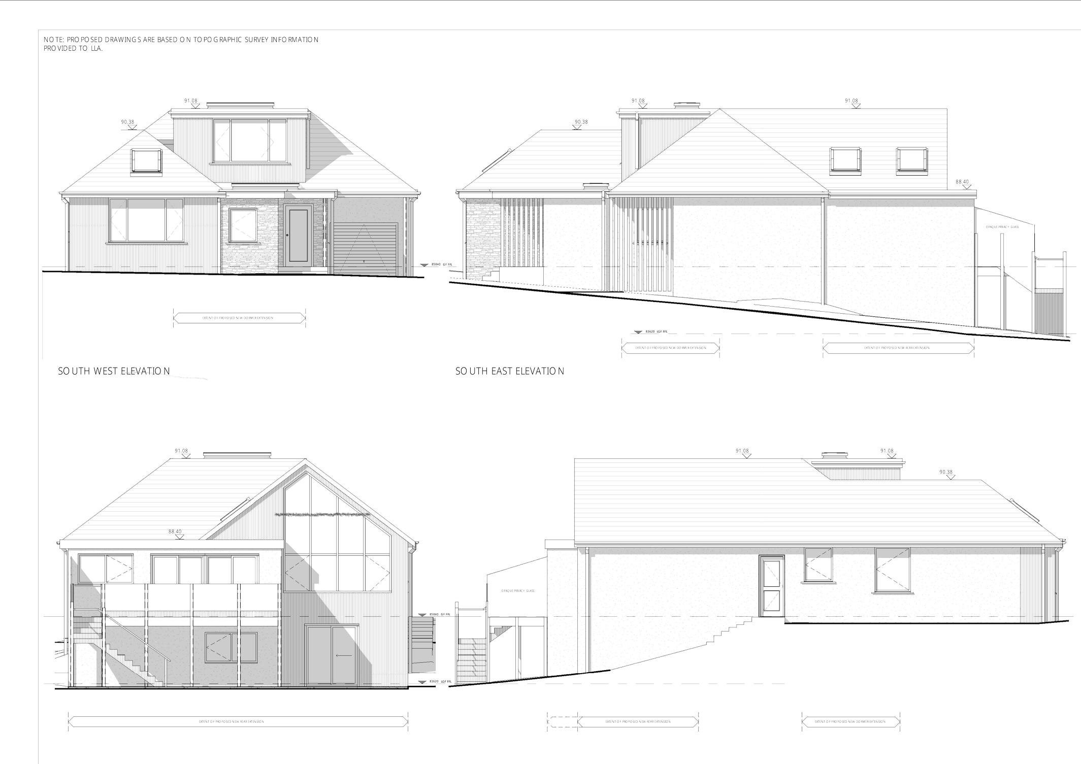 Architectural blueprint of a house showing four different elevations with measurements and structural details.