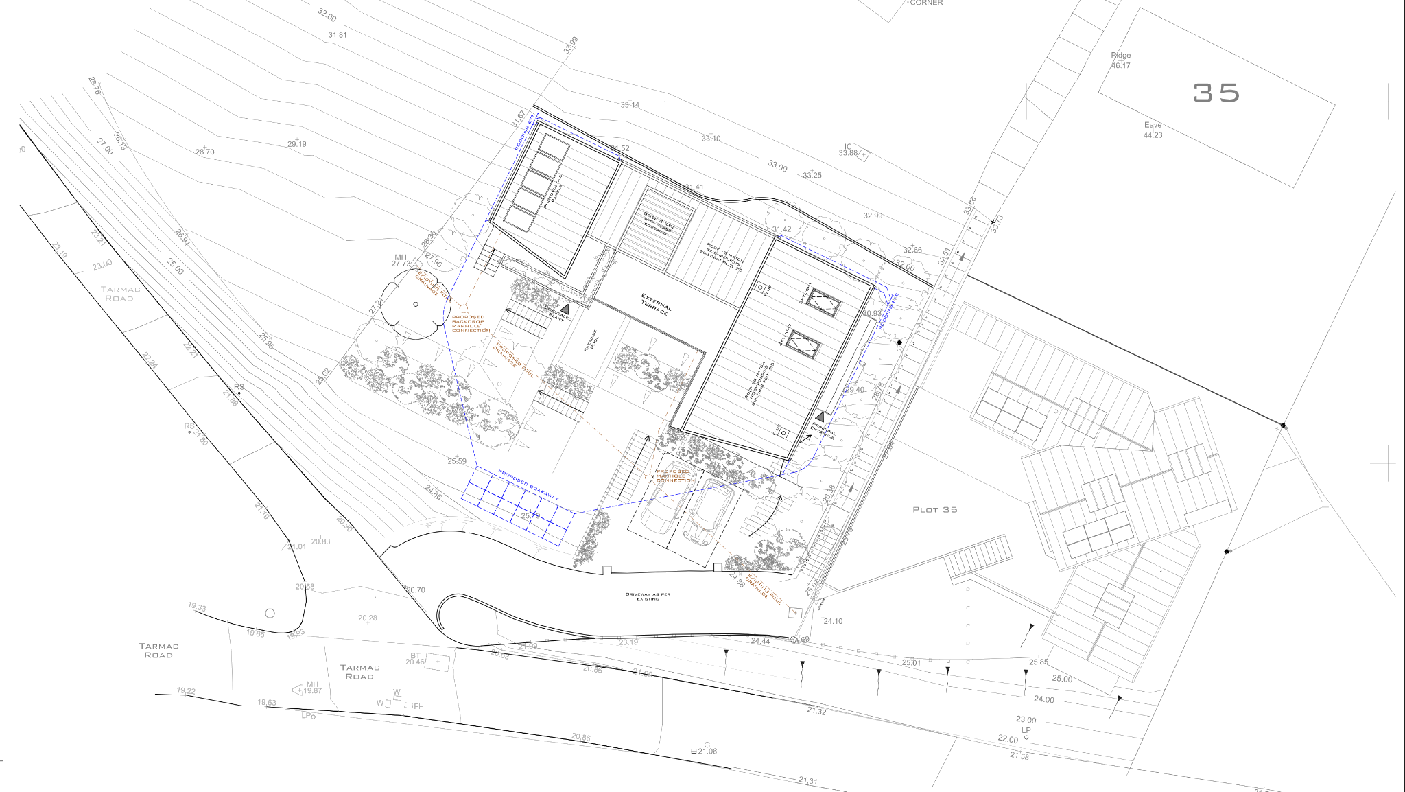 A detailed architectural blueprint of a building and surrounding landscape, including parking areas, trees, roads, and property boundaries on a black background.