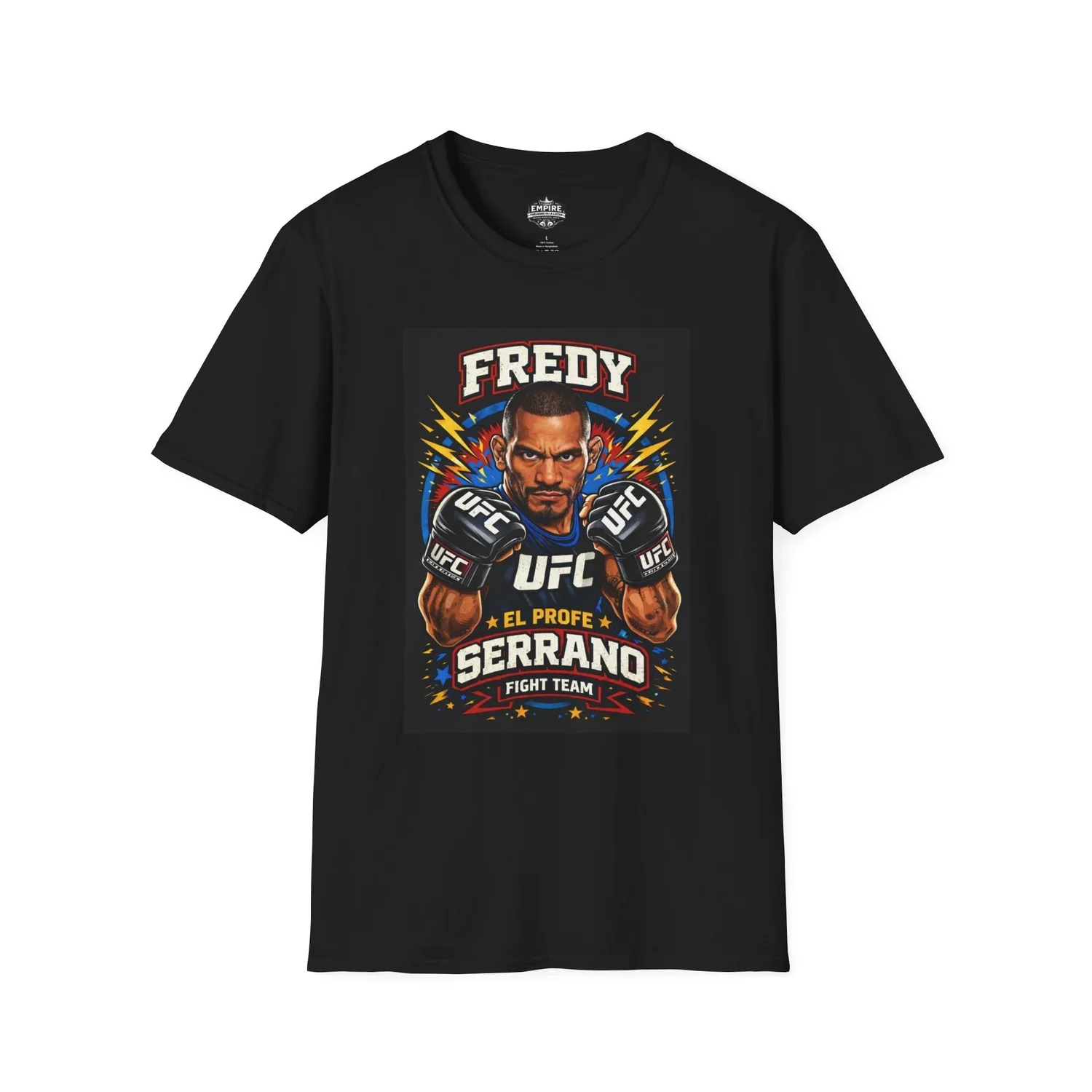 Black T-shirt featuring a cartoon illustration of UFC fighter, with text 'Freddy El Profe Serrano Fight Team'.