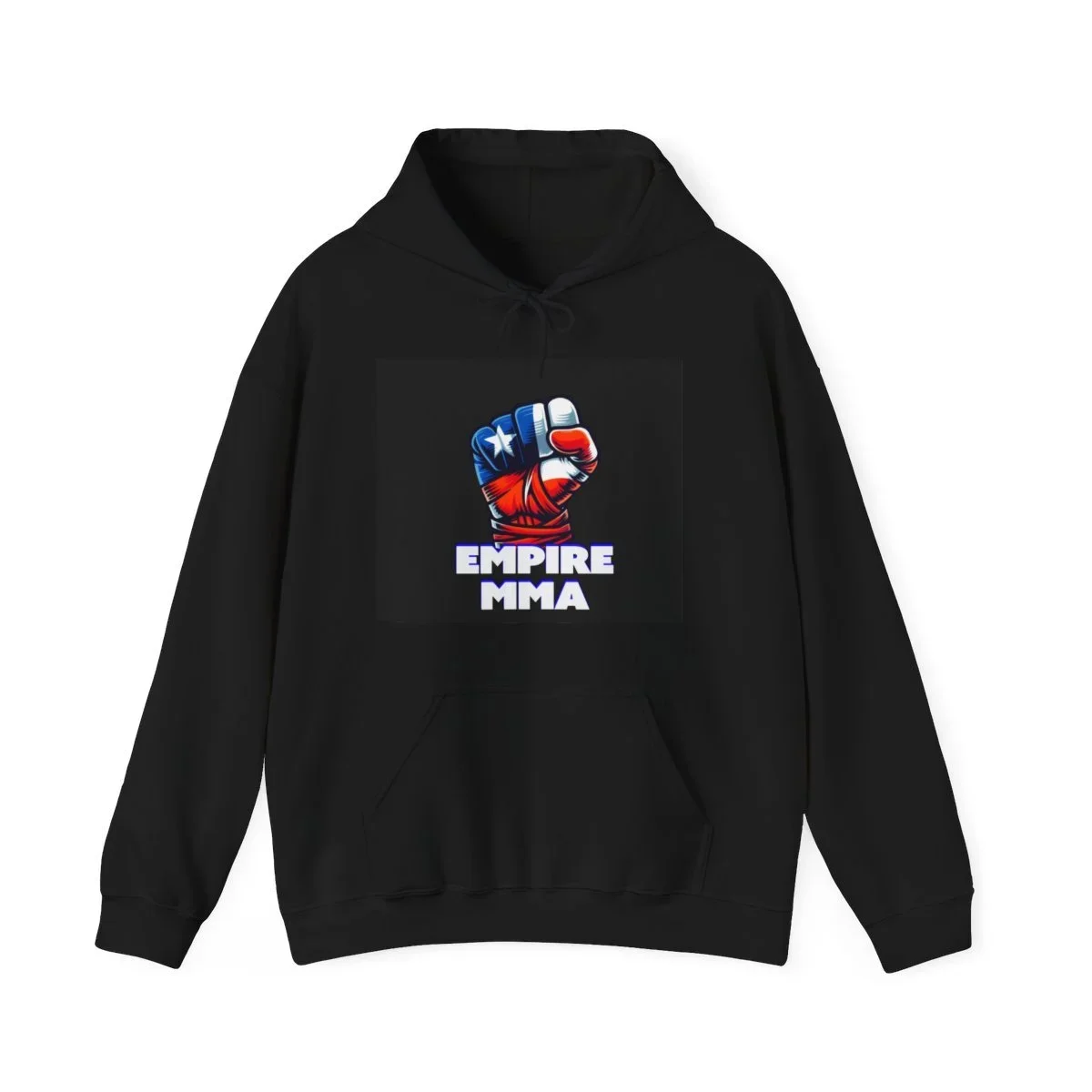 Black hoodie with a graphic of a fist wrapped in a U.S. flag and the text 'Empire MMA' underneath.