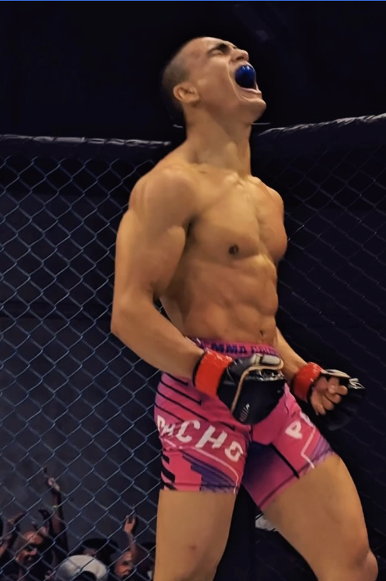 Mixed martial arts fighter in pink shorts with black and white lettering, standing against a cage ropes, shouting with his head tilted back, mouth open, mouthpiece and gloves on, muscles flexed.