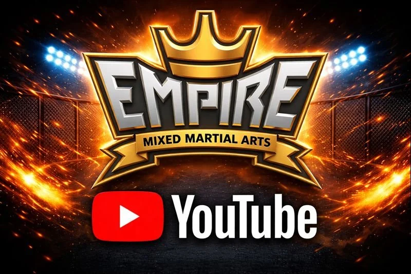 Logo for Empire Mixed Martial Arts with a crown and fiery background, featuring the YouTube logo.