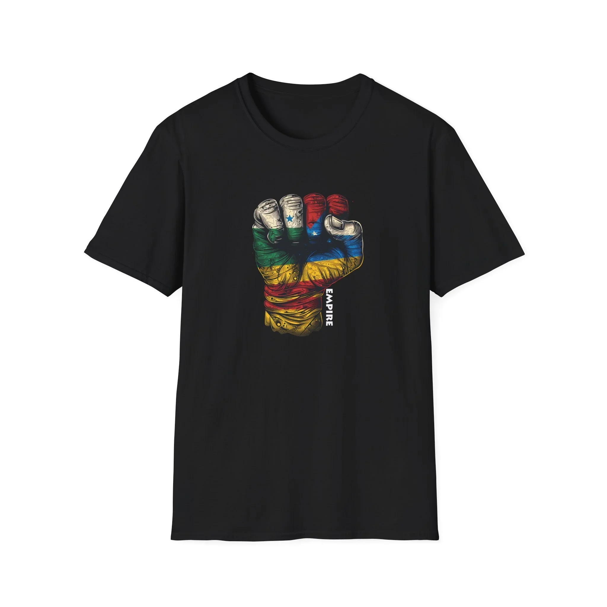 Black T-shirt with a graphic of a clenched fist painted with the Ukrainian flag colors and the word "EMPIRE" written vertically.