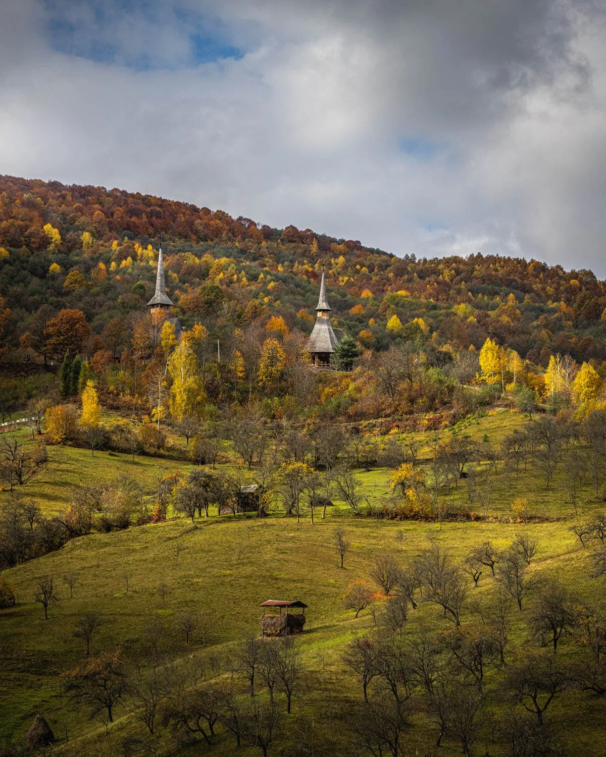 Scenic view of a hillside with yellow and green trees, a few wooden structures, and two church steeples in the distance, under a partly cloudy sky.