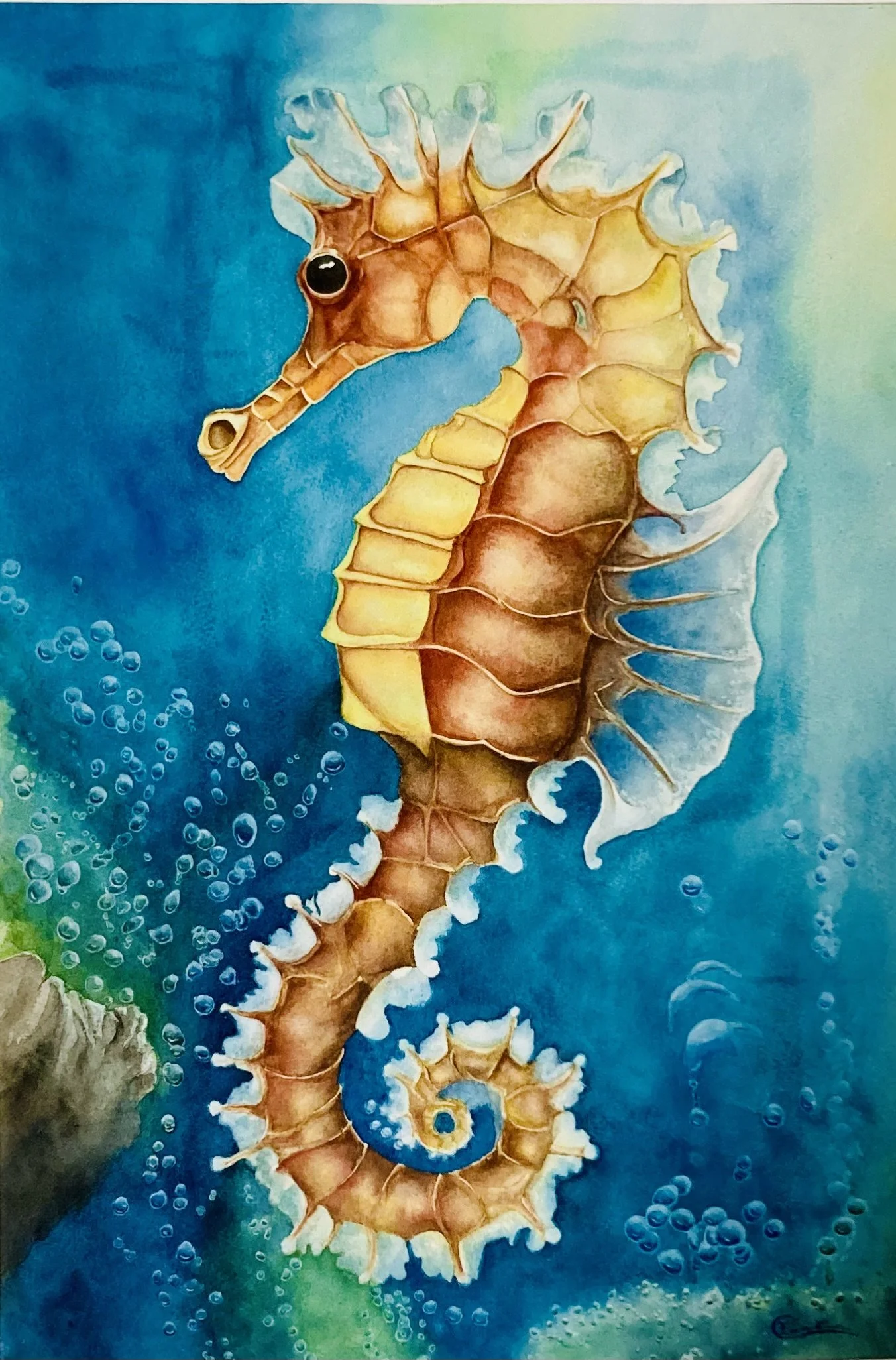Peinture d'un hippocampe orange avec un fond marin bleu et vert, entouré de bulles d'air.