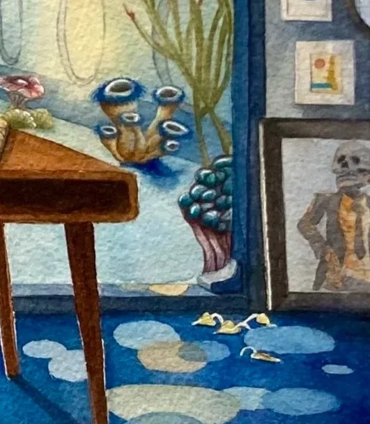 Détail d'une peinture représentant une décoration intérieure avec un vase à fleurs, un tableau, et des objets décoratifs.