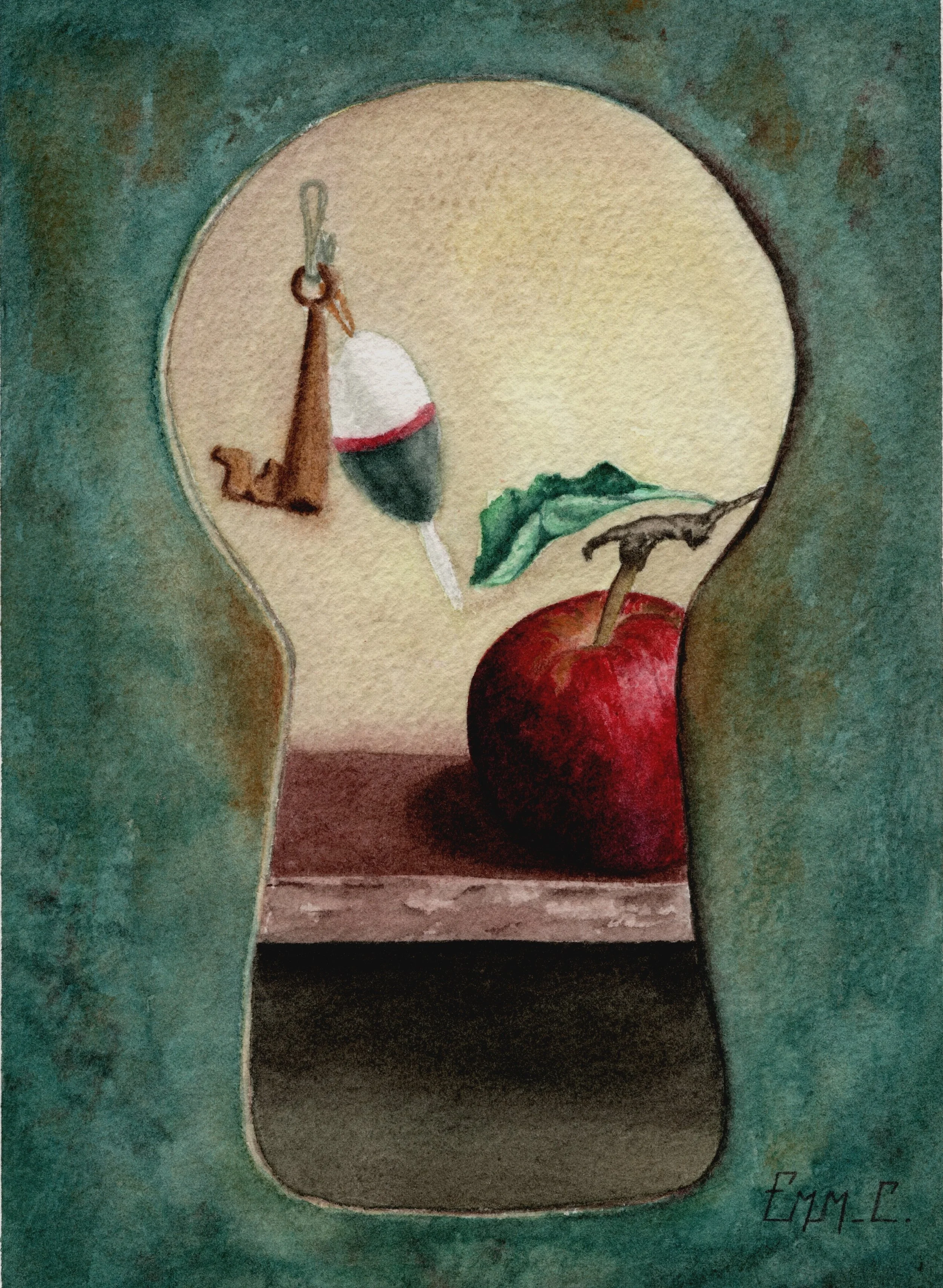 Une peinture représentant une pomme rouge, une branche d'arbre, un entonnoir, et un tube. L'image est encadrée d'une bordure verte avec le nom à la main en bas à droite : "EMM.C".