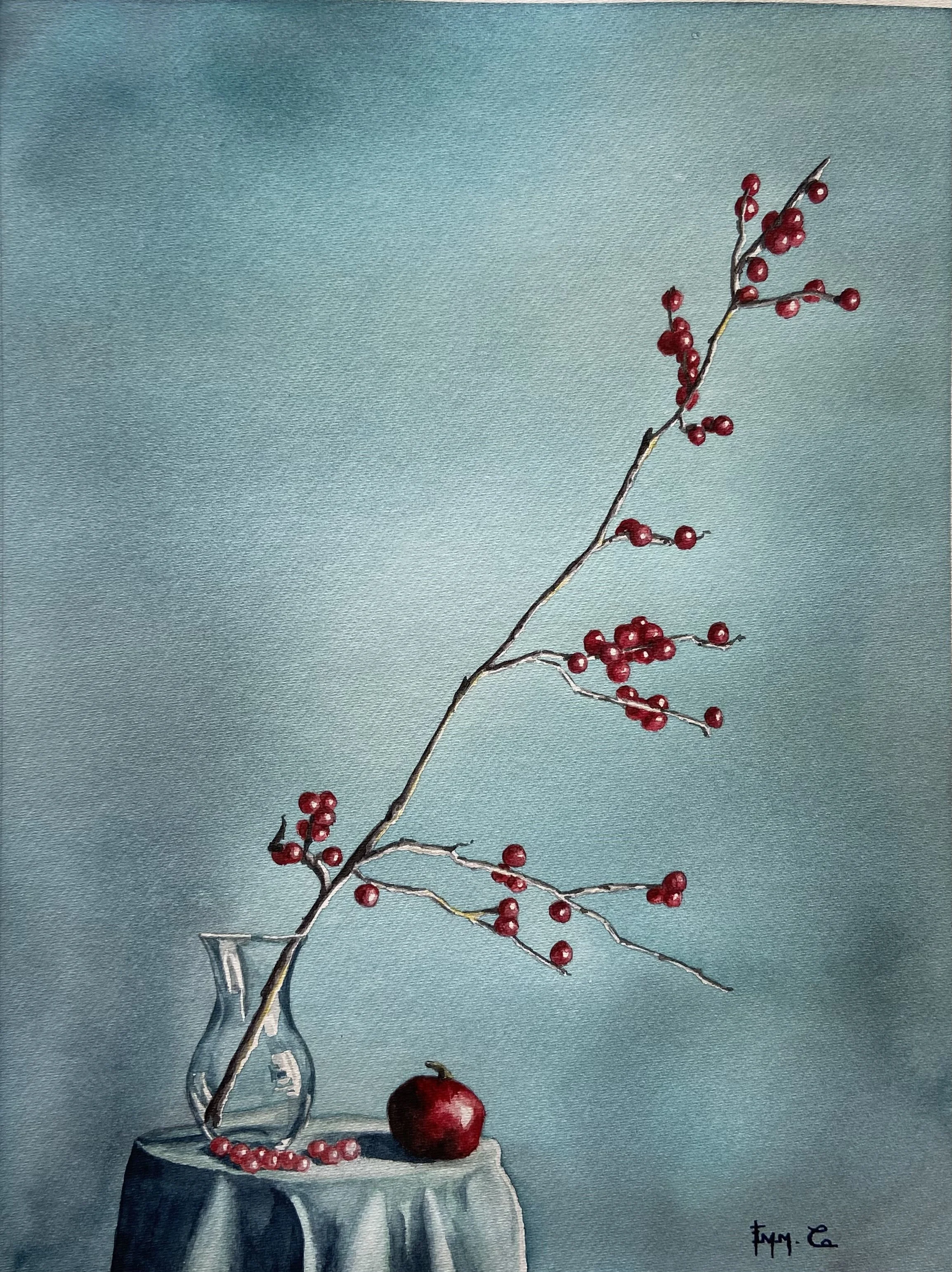 Une peinture représentant une branche d'arbuste avec des baies rouges dans un vase en verre, posé sur une table avec une pomme rouge et quelques baies autour.