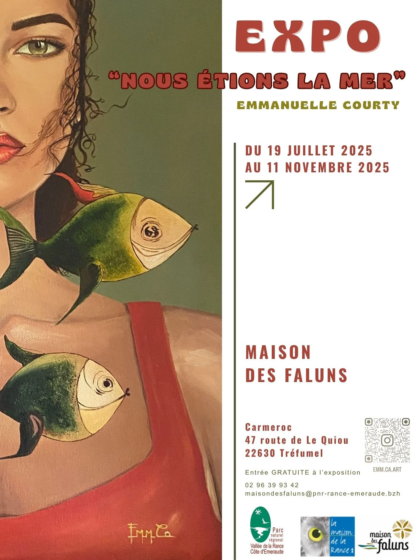 Affiche d'exposition "Nous étions la mer" Emmanuelle Courty, se tenant du 19 juillet au 11 novembre 2025 à la Maison des Faluns, à Tréfumel.