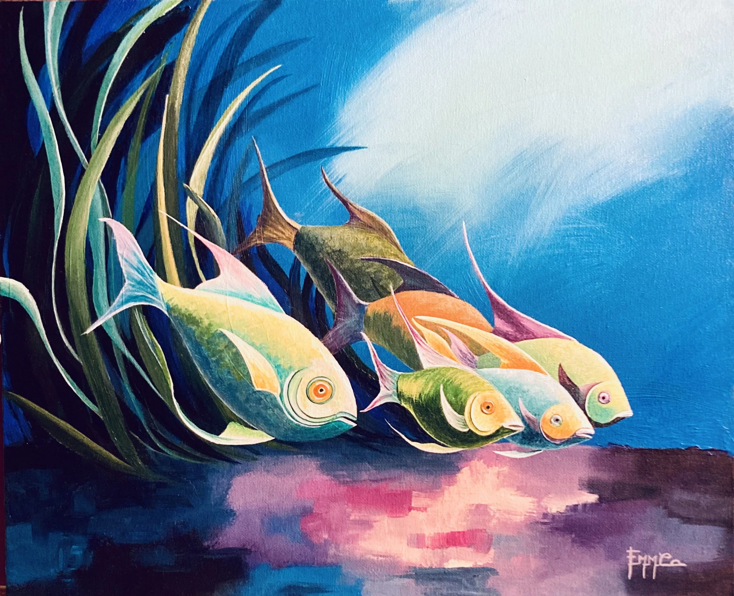 Peinture colorée représentant des poissons en apesanteur dans un fond marin bleu avec des algues vertes.