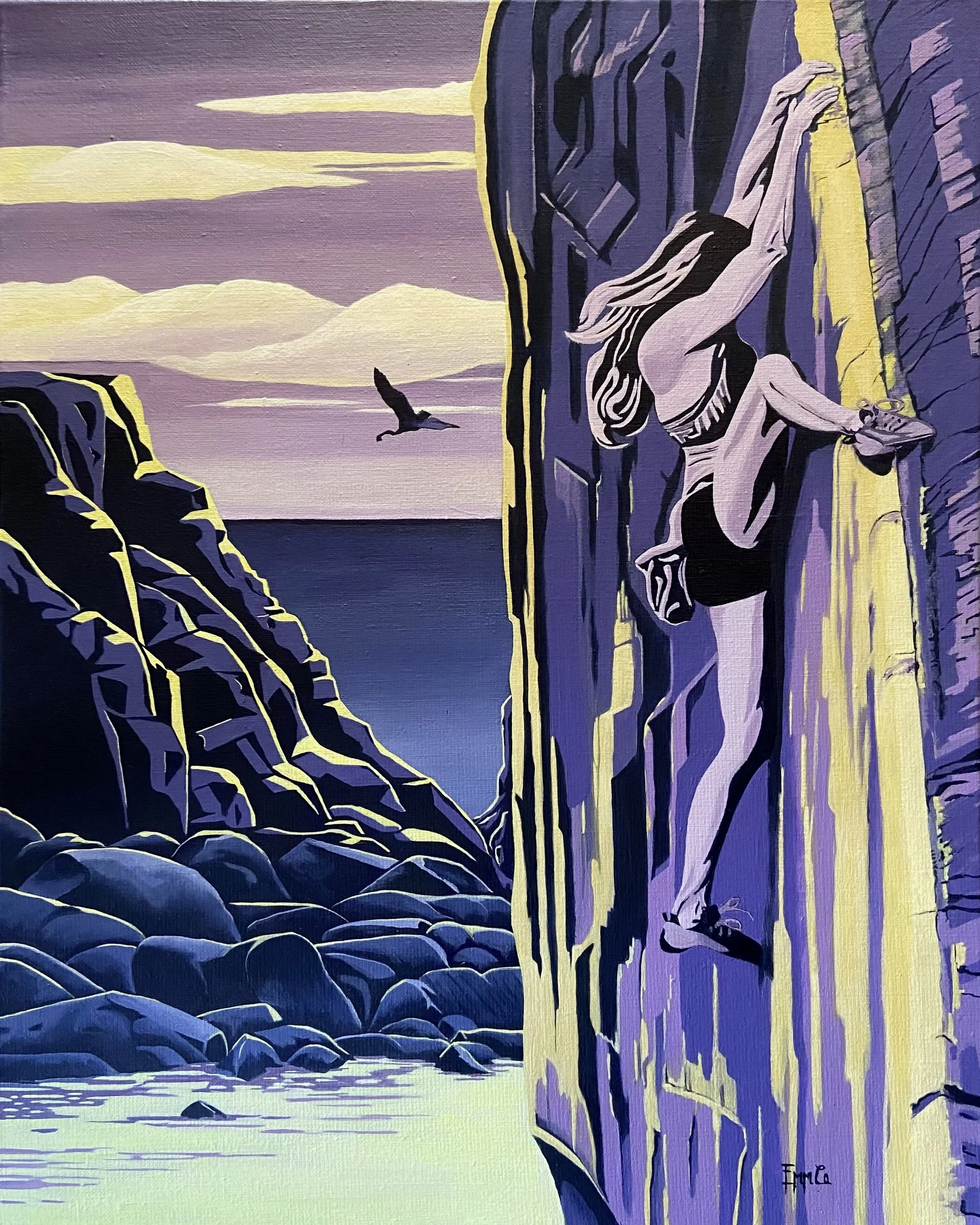 Une peinture représentant un paysage côtier avec des falaises, un ciel nuageux en arrière-plan, et une jeune femme en maillot de bain escaladant une falaise.
