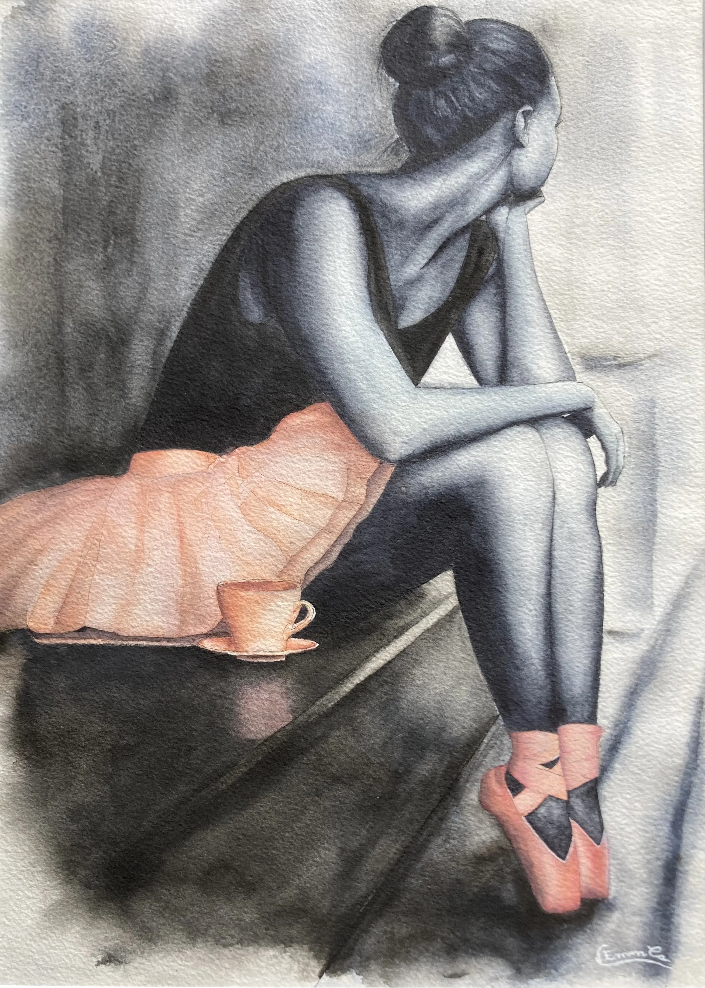 Une peinture représentant une femme assise, vue de profil, portant une robe noire, des chaussons roses, et un tutu rose posé à côté d'une tasse.