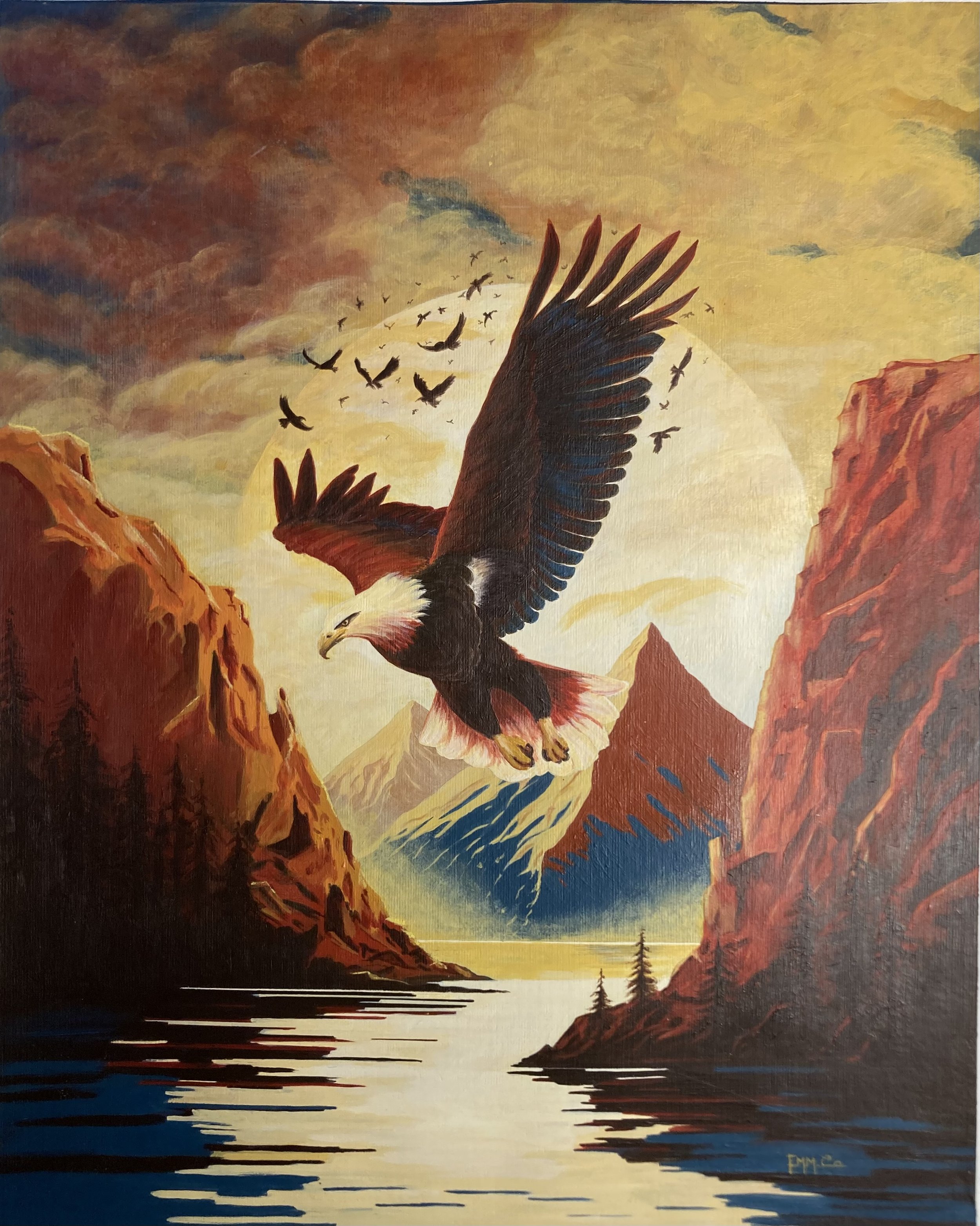 Peinture représentant un aigle volant au-dessus d'un fleuve, avec des montagnes et un ciel orageux en arrière-plan, le soleil ou la lune se levant ou se couchant.