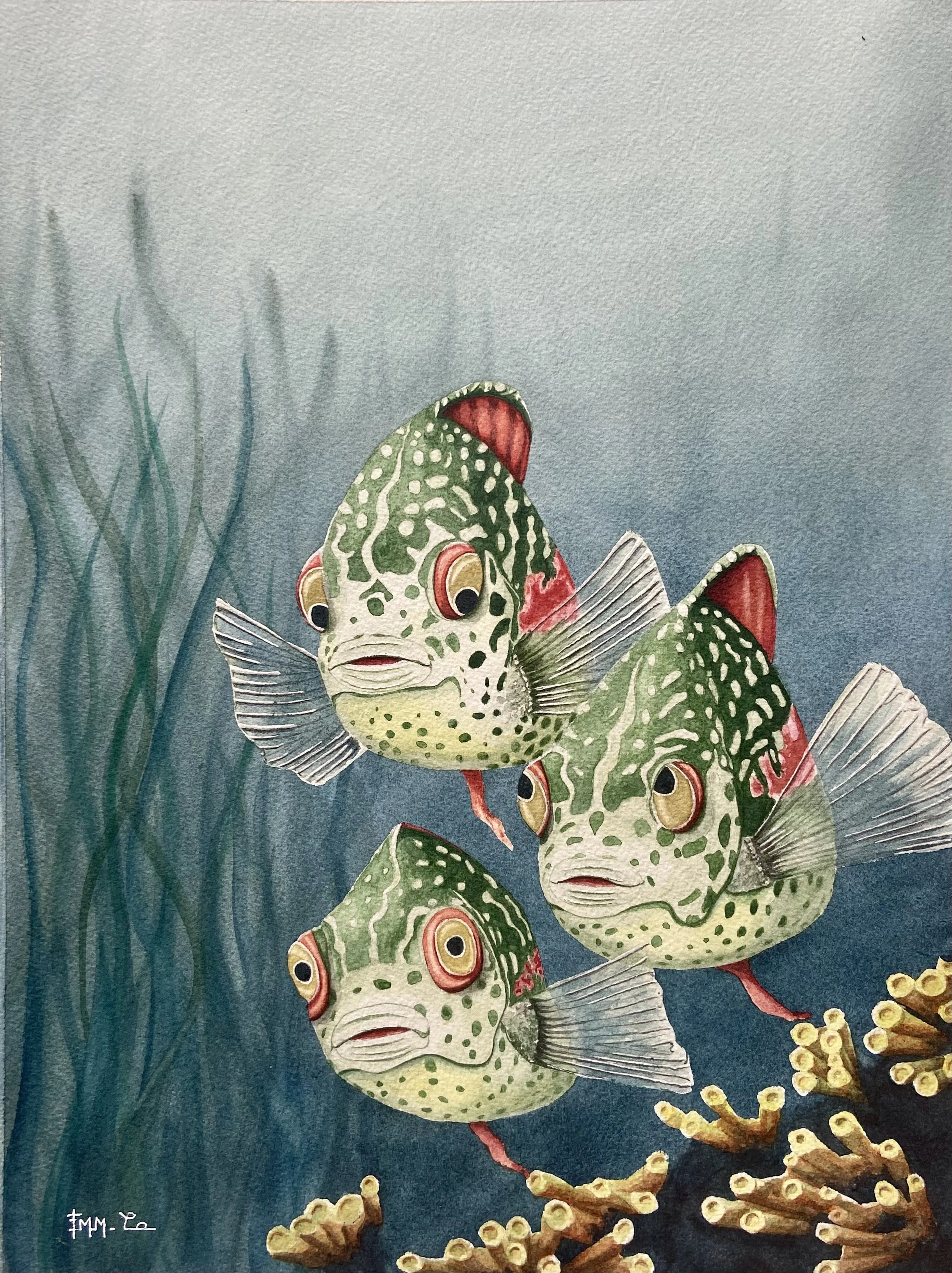 Trois poissons avec des têtes de grenouilles dans un environnement sous-marin avec des coraux et des plantes aquatiques.