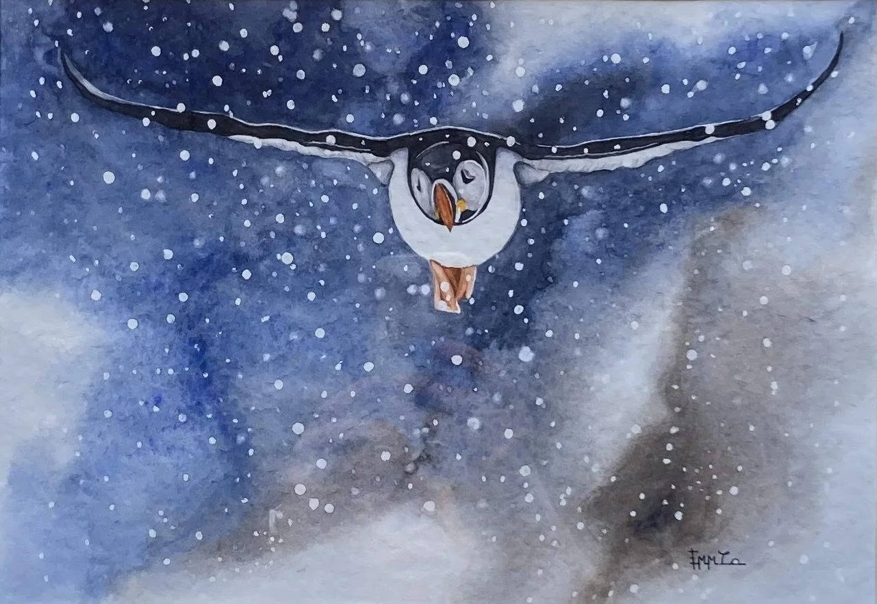 Une illustration d'un pélican volant dans un ciel étoilé, avec un fond bleu et des points blancs représentant des étoiles.