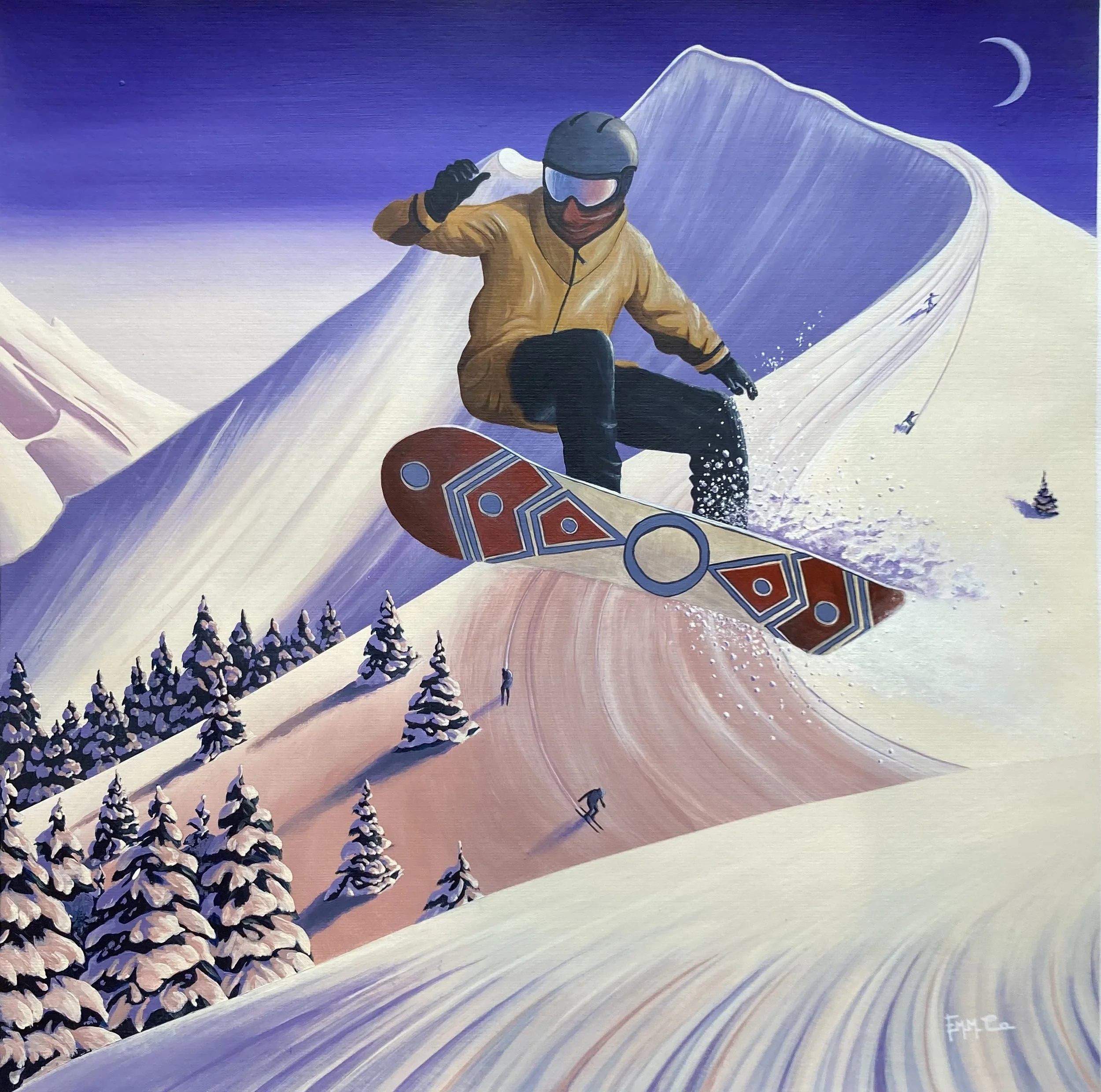 Peinture représentant un skieur en plein saut dans un paysage de montagne enneigée avec des skieurs au fond, arbres enneigés et ciel crépusculaire avec lune.