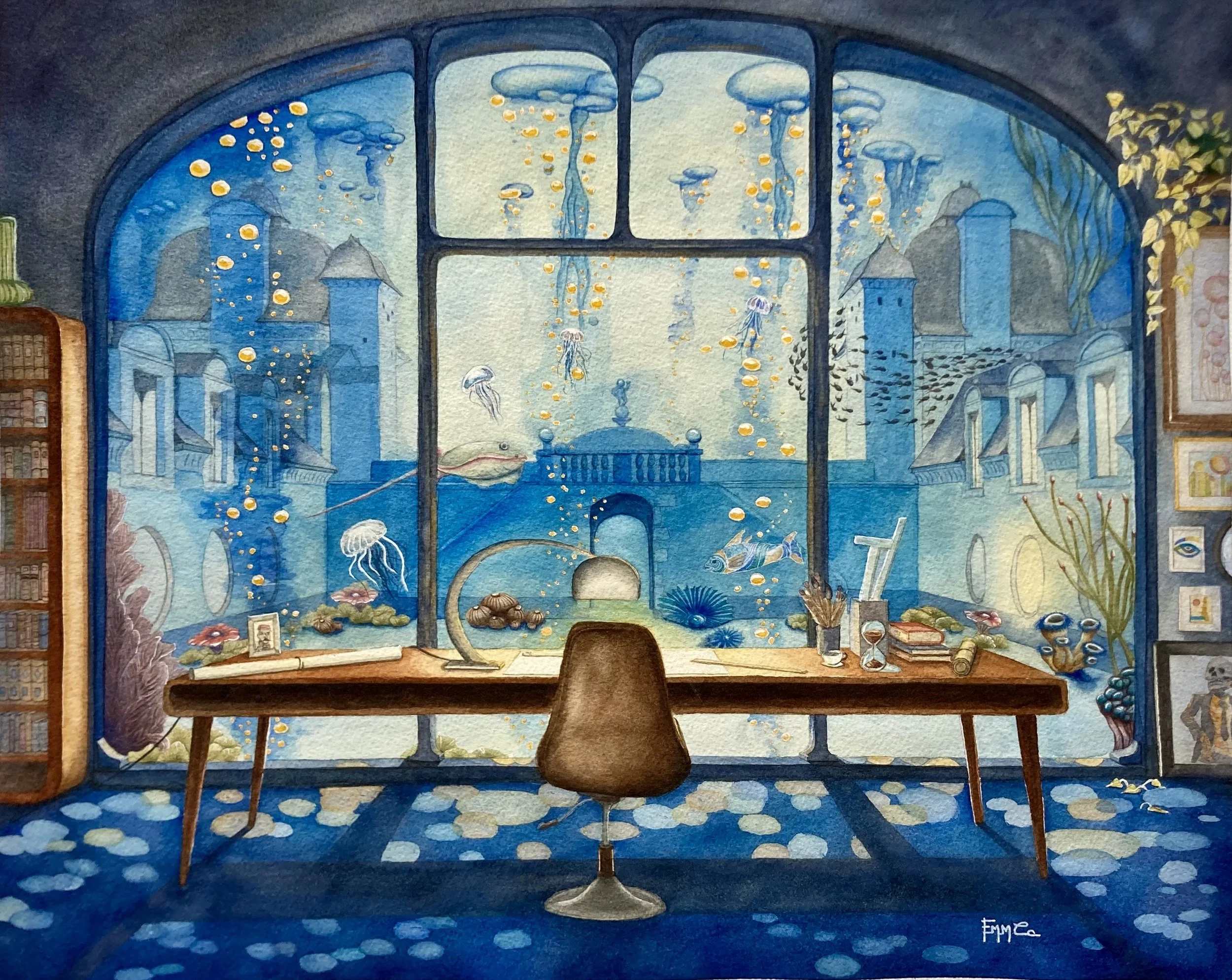 Une salle de bureau visible à travers une grande fenêtre donnant sur un aquarium rempli de poissons et de méduses, avec une table en bois, une chaise et des objets de bureau. La scène est peinte de manière artistique avec des tons bleus.