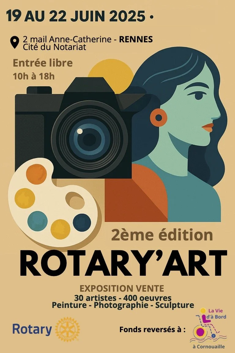 Affiche exposition pour la deuxième édition de Rotary'Art à Rennes, du 19 au 22 juin 2025
