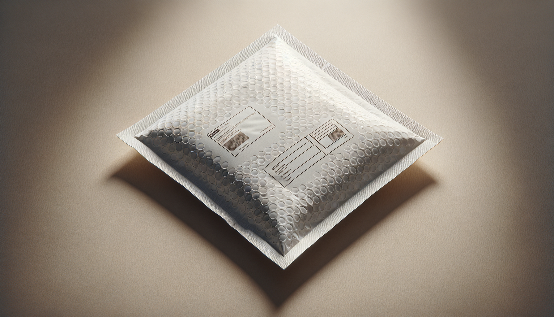 A sealed plastic bubble mailer envelope with labels, resting on a beige surface, casting a shadow.
