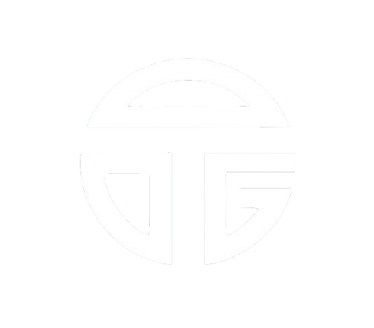 A minimalist black and white logo featuring a circular design with stylized shapes and the letters 'T' and 'G' inside.