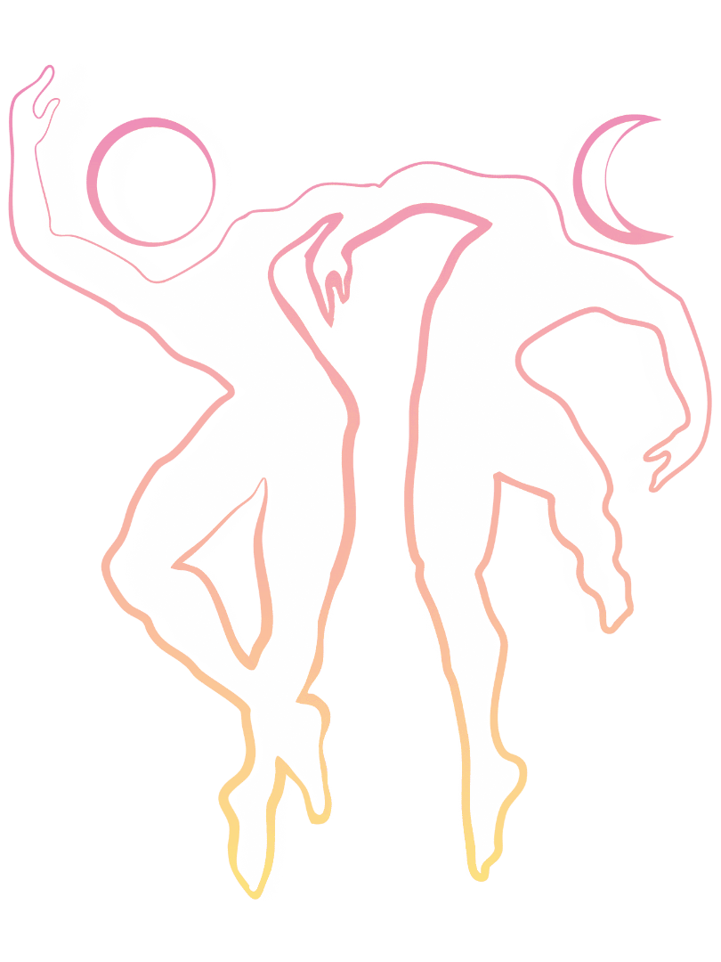 Stylised line art of two dancing humanoid figures with sun and moons for heads, outlined in pink, yellow, and white gradient.