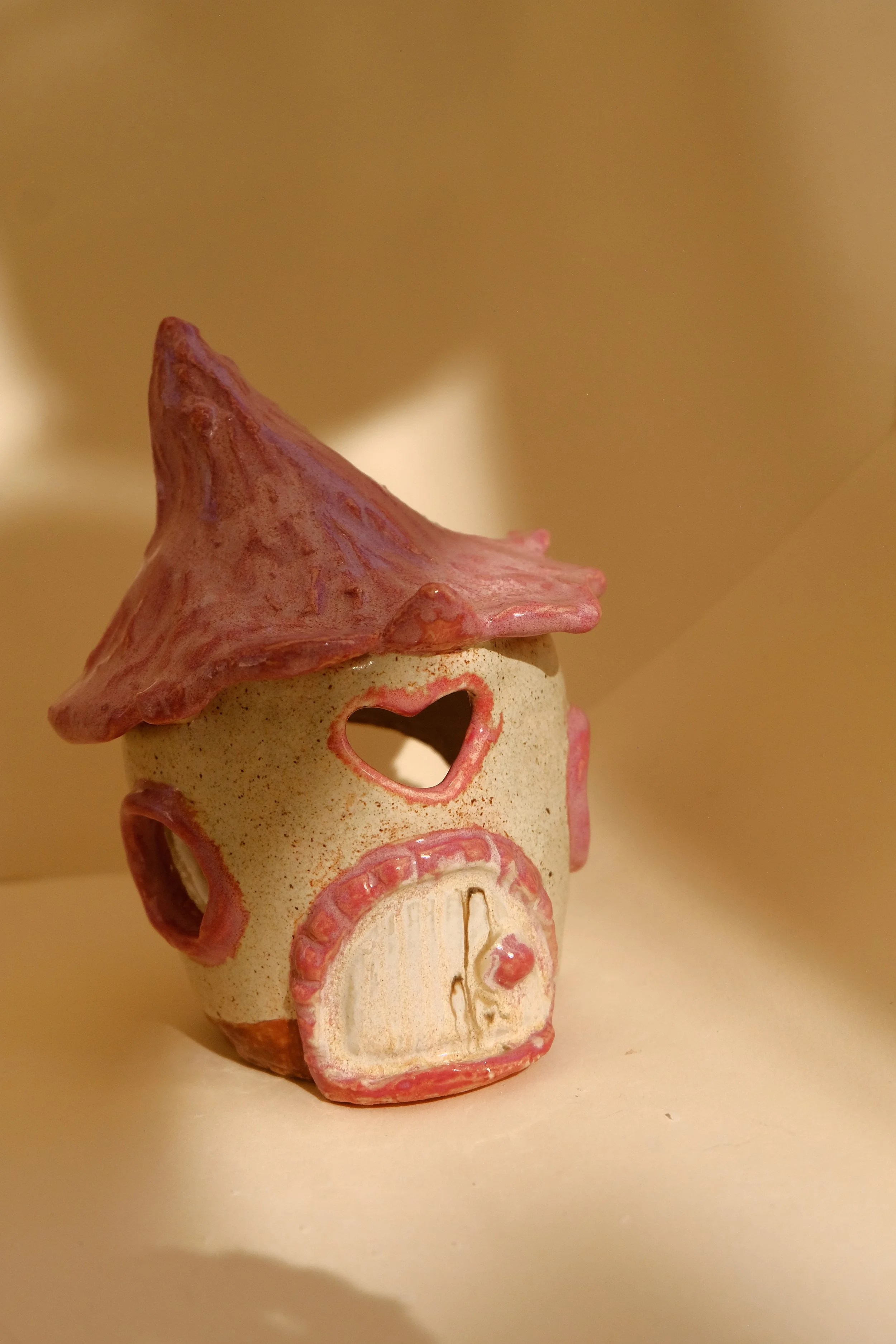 Pink Ceramic Fairy Cottage Tealight Holder