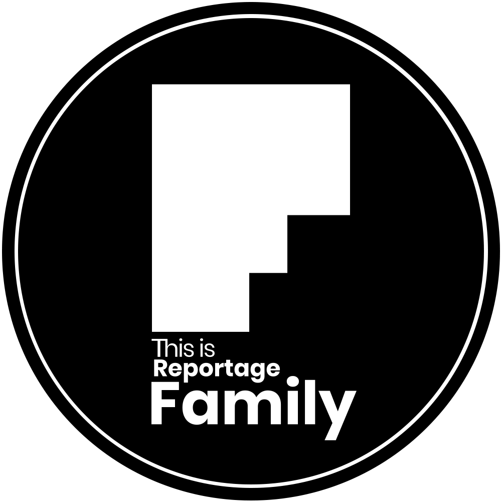 A black circular logo with a white letter 'F' and the text 'This is Reportage Family' underneath.