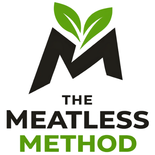 Logo with a stylized letter 'M' with green leaves above it, and the words 'The Meatless Method' below in black and green text.