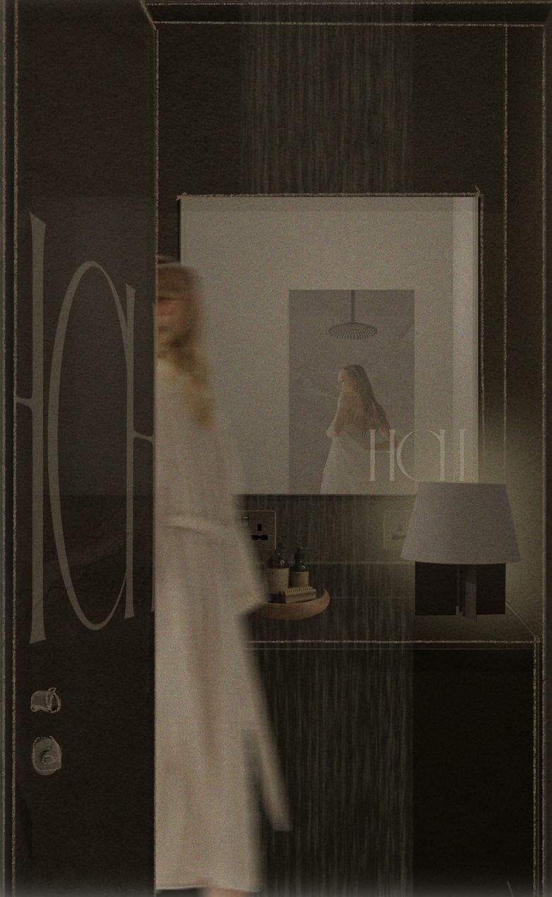 A reflection of a woman with long hair in a mirror, with another woman in a white dress visible through a doorway showing the shower area.