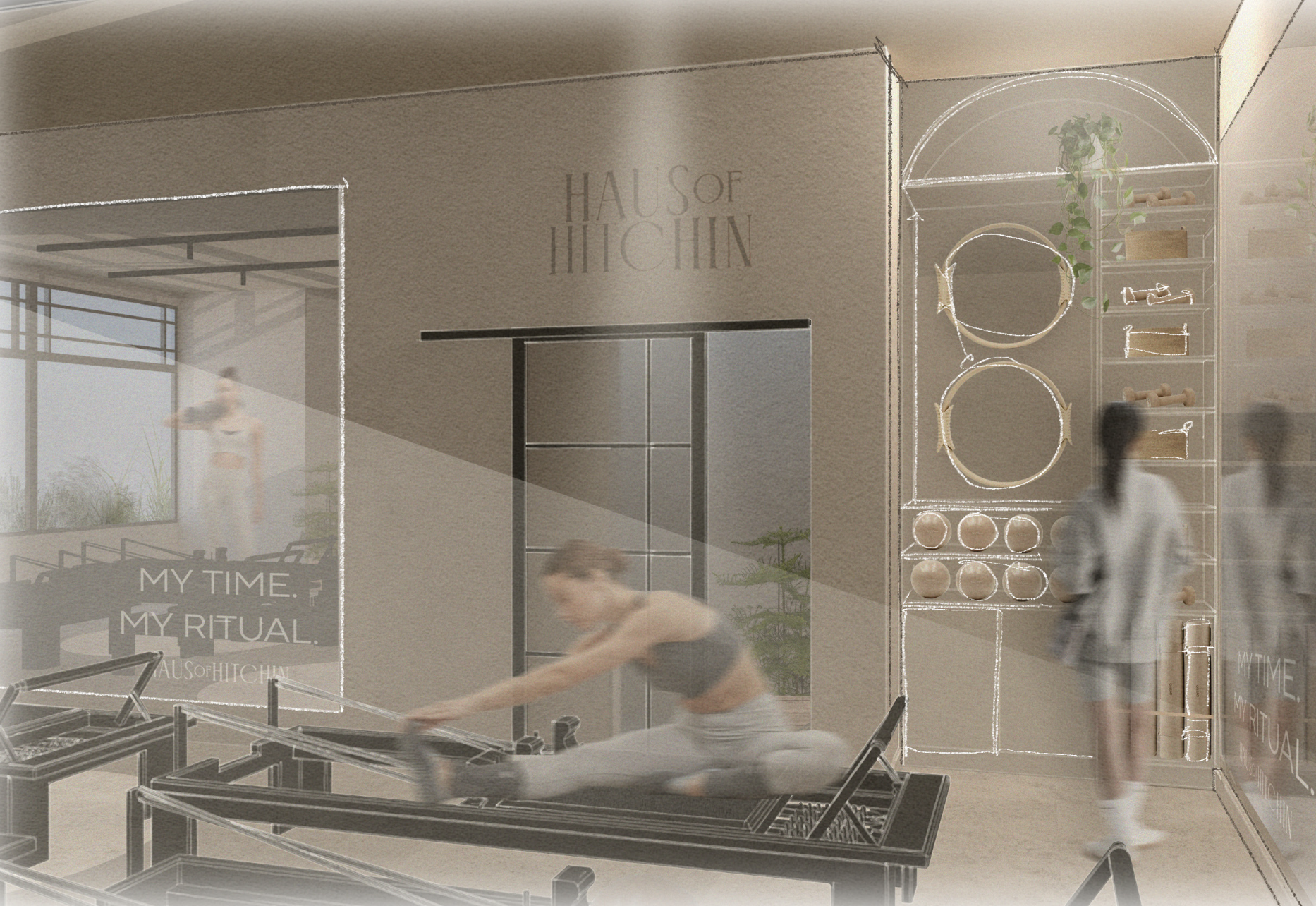 Interior of a wellness or fitness space with a person doing Pilates on reformer equipment, a woman standing near shelves with exercise gear, and a wall with the words 'Haus of Hitchin' and 'My Time, My Ritual' visible, with a blurred cityscape seen through large window.