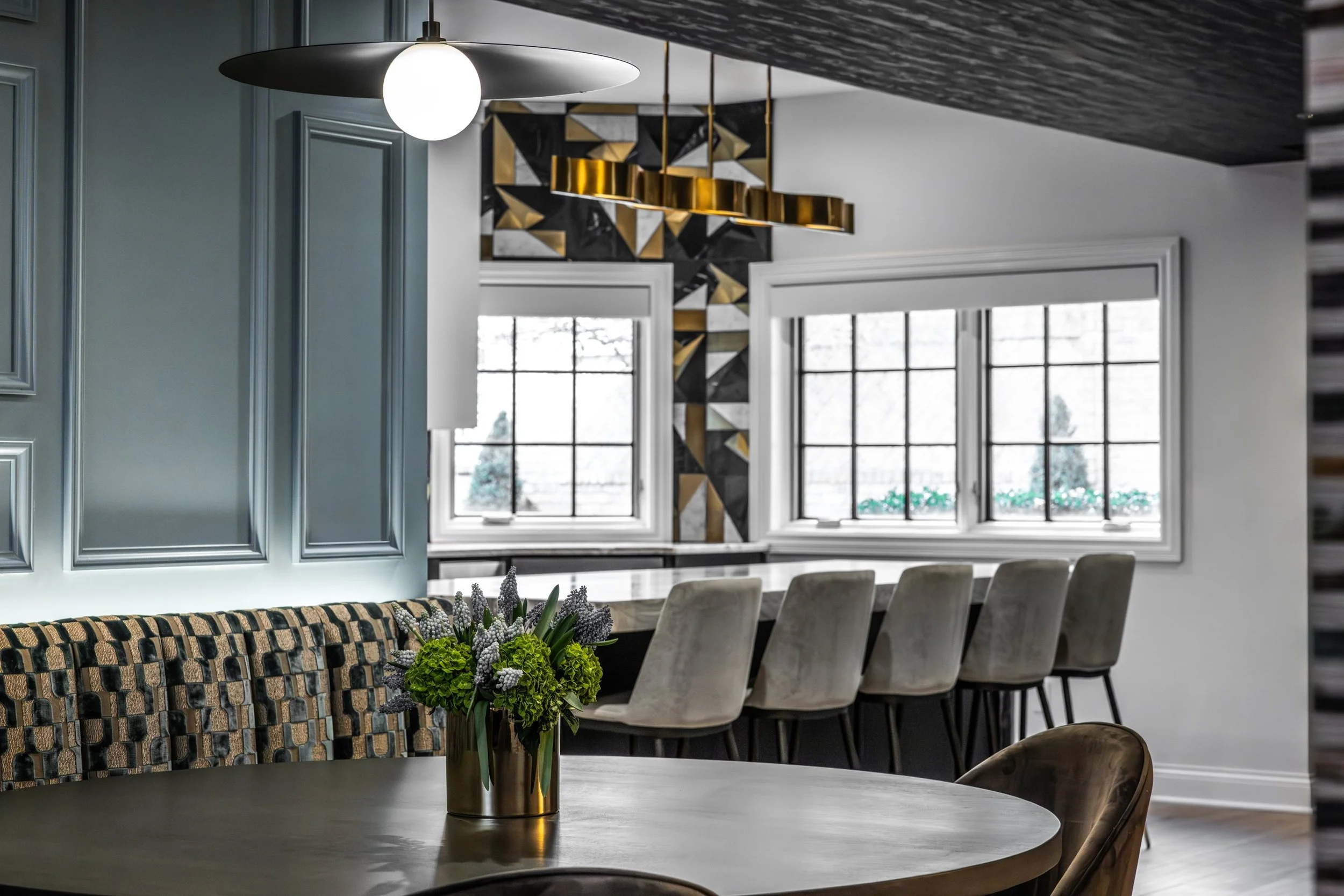 Bar and Dining in Finished Basement Black and Gold