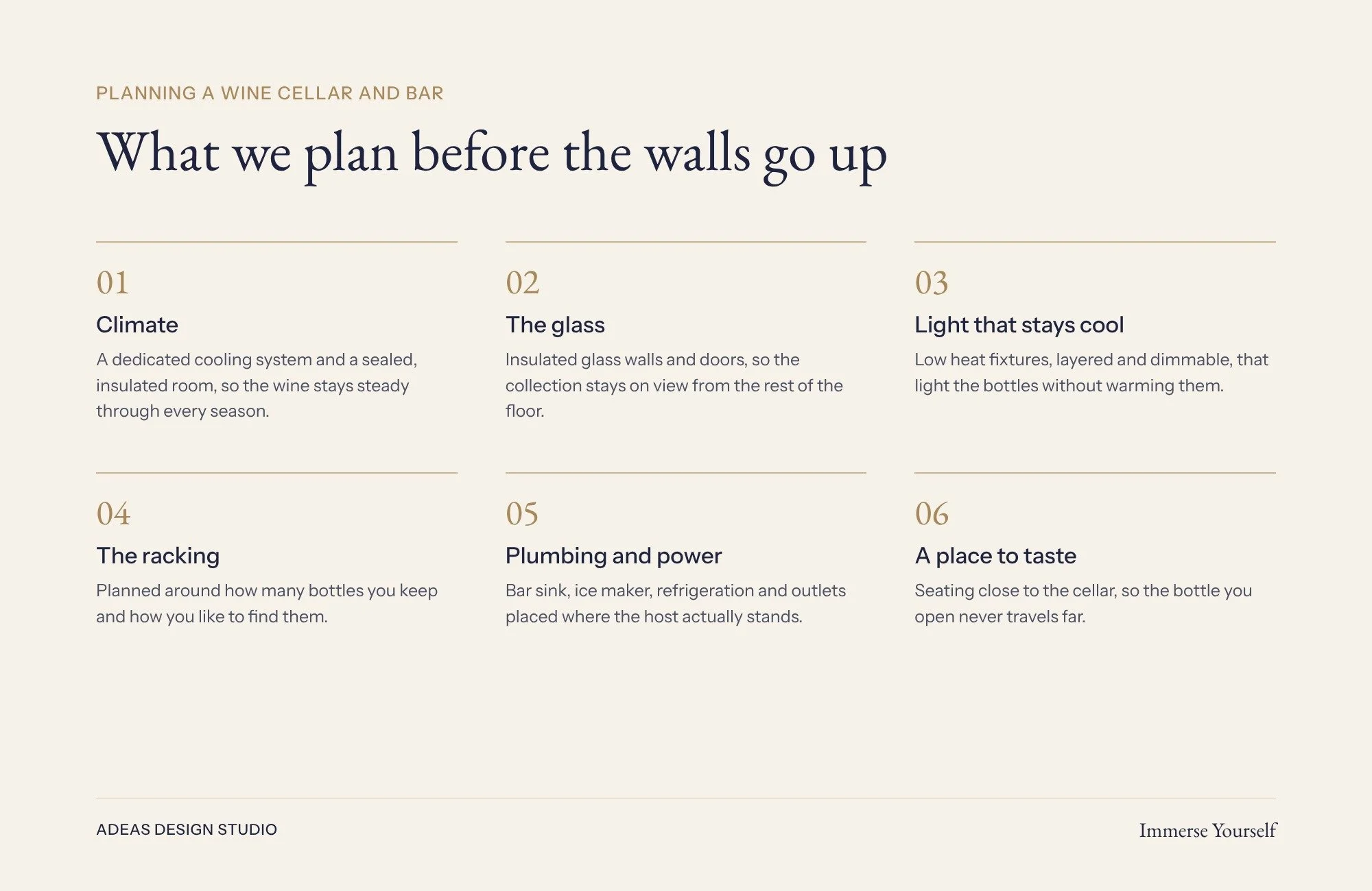 What we plan before the walls go up for a wine cellar and bar: climate, glass, cool lighting, racking, plumbing and power, and a place to taste