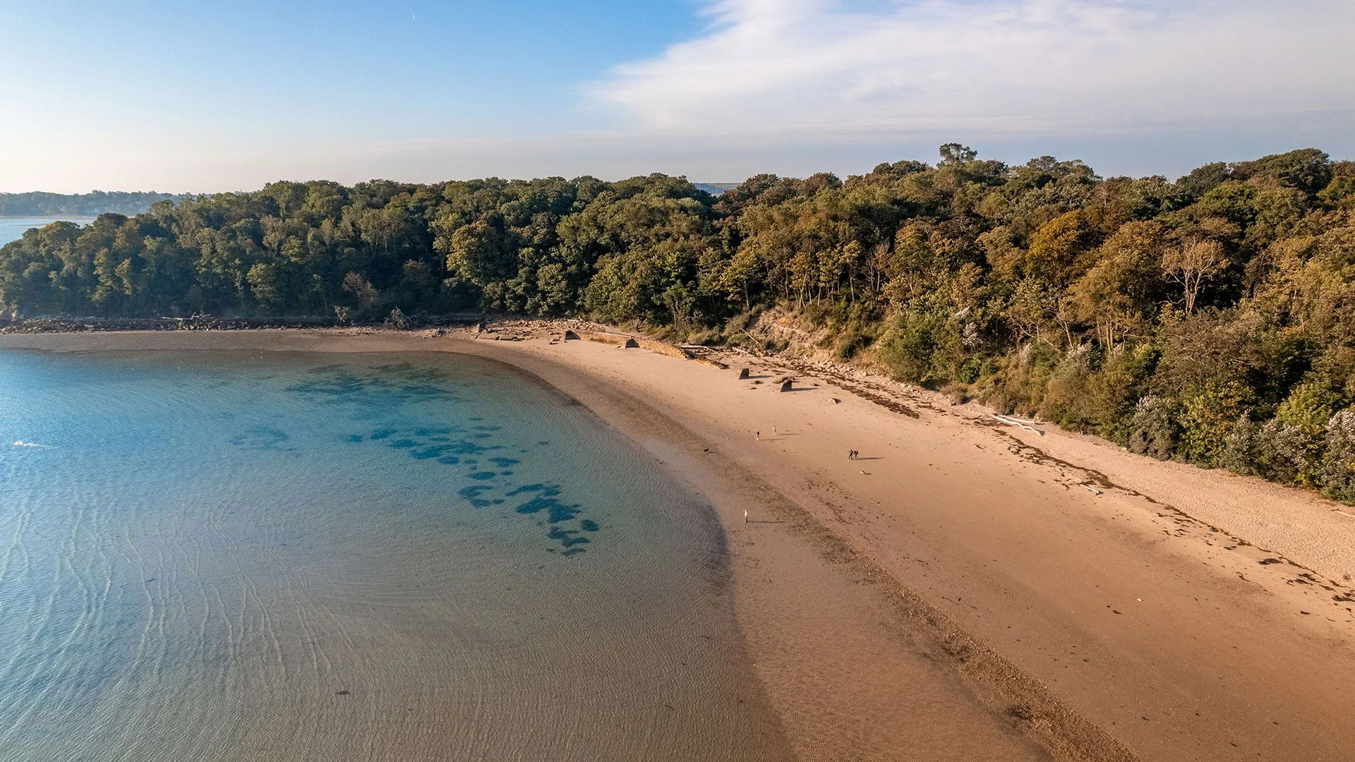 Aerial view of a sandy beach curving along a calm body of turquoise water, backed by a forested hillside with trees and sparse vegetation.